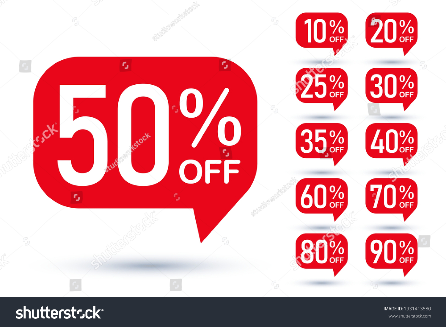 Sale tag speech bubble red shape with different discount set. 10, 20, 25, 30, 35, 40, 50, 60, 70, 80 and 90 percent price clearance sticker badge banner label vector illustration isolated on white #1931413580