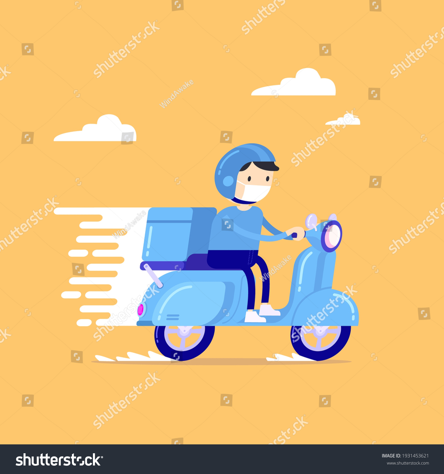 Food Delivery Man Riding A Blue Scooter Courier Royalty Free Stock