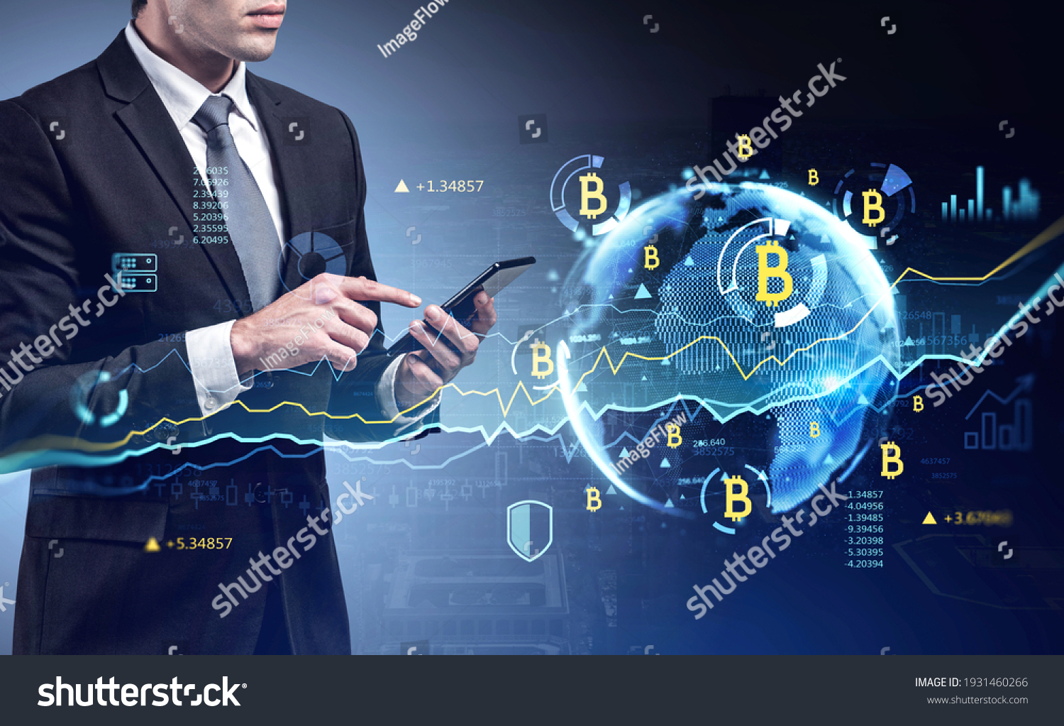 Businessman checking cryptocurrency, bitcoin stock market rate in smartphone. Hologram globe and charts. Business and financial success concept. double exposure. #1931460266