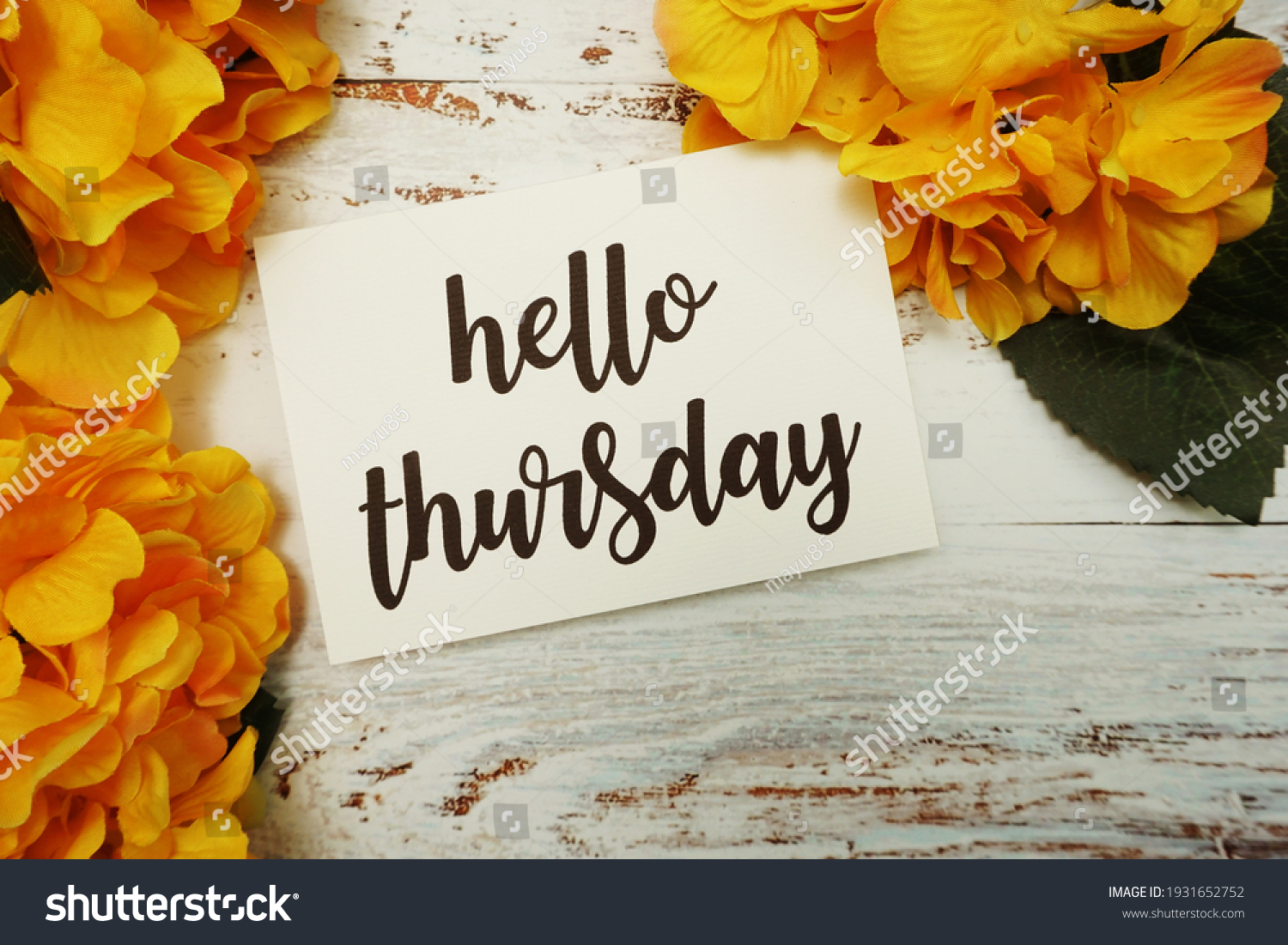 Hello Thursday Card with Blooming flower on wooden background #1931652752