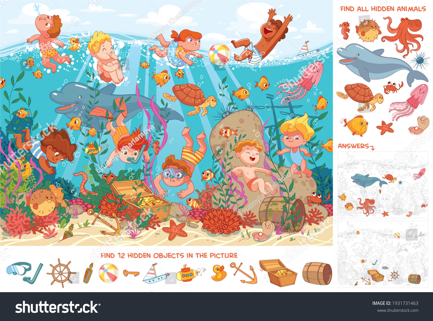 Children swim underwater with marine life. Kids snorkeling. Sport. Find all animals. Find 10 hidden objects in the picture. Puzzle Hidden Items. Funny cartoon character. Vector illustration. Set #1931731463