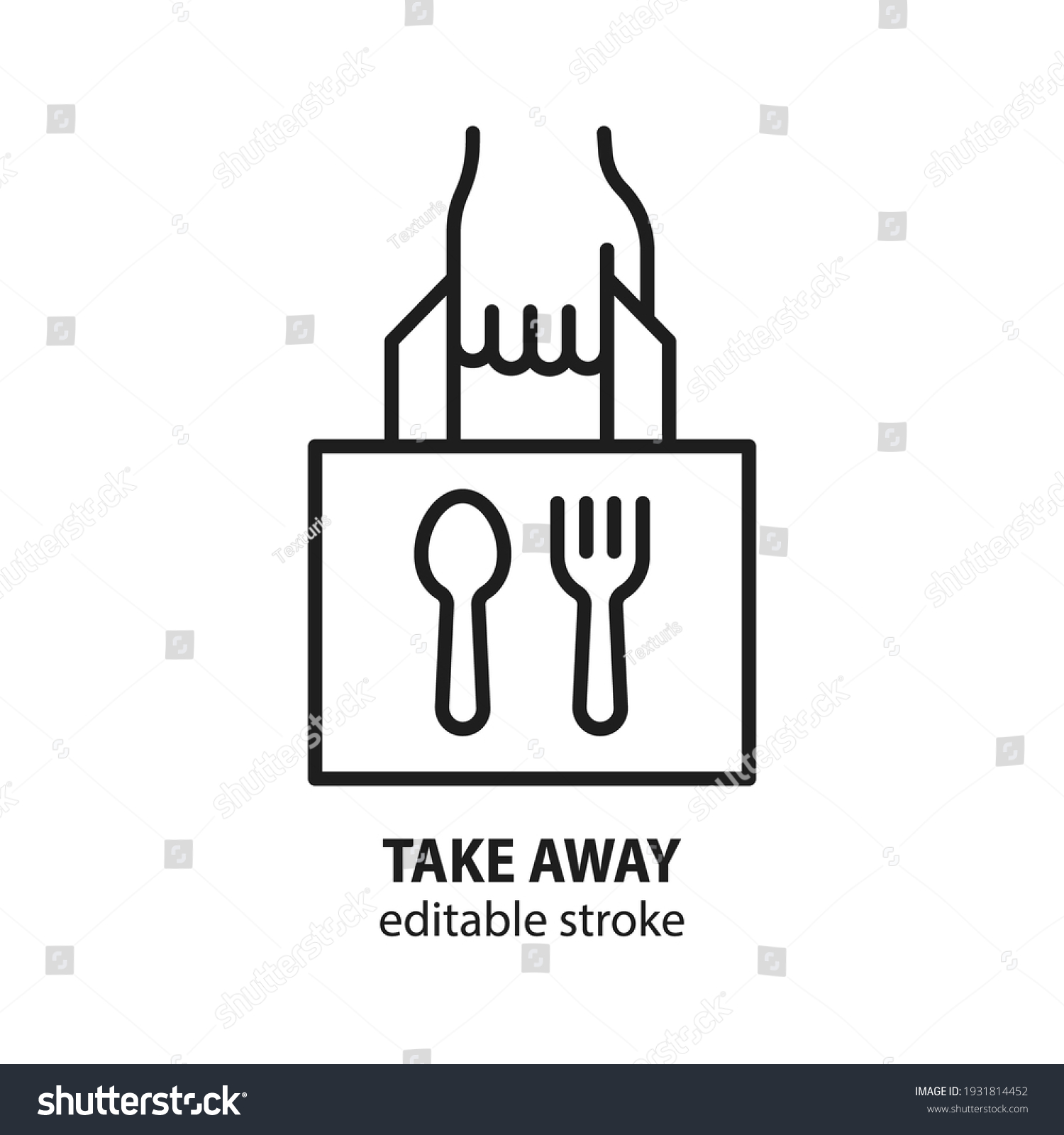 Take away food line icon. Hand and paper bag sign. Takeaway service vector symbol. Editable stroke. #1931814452