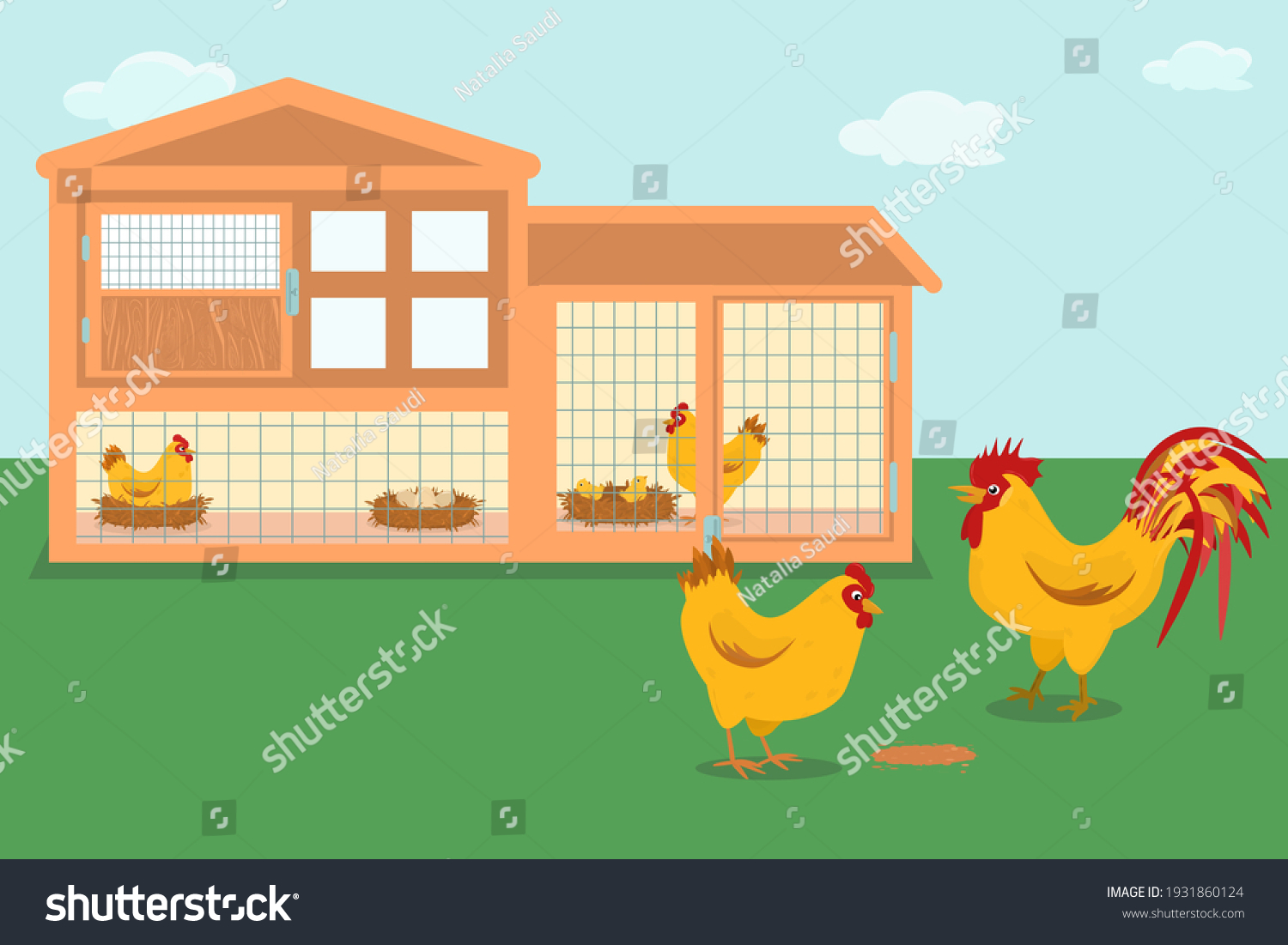 vector illustration of a wooden chicken coop with hens hatching eggs. Isolated on a white background #1931860124