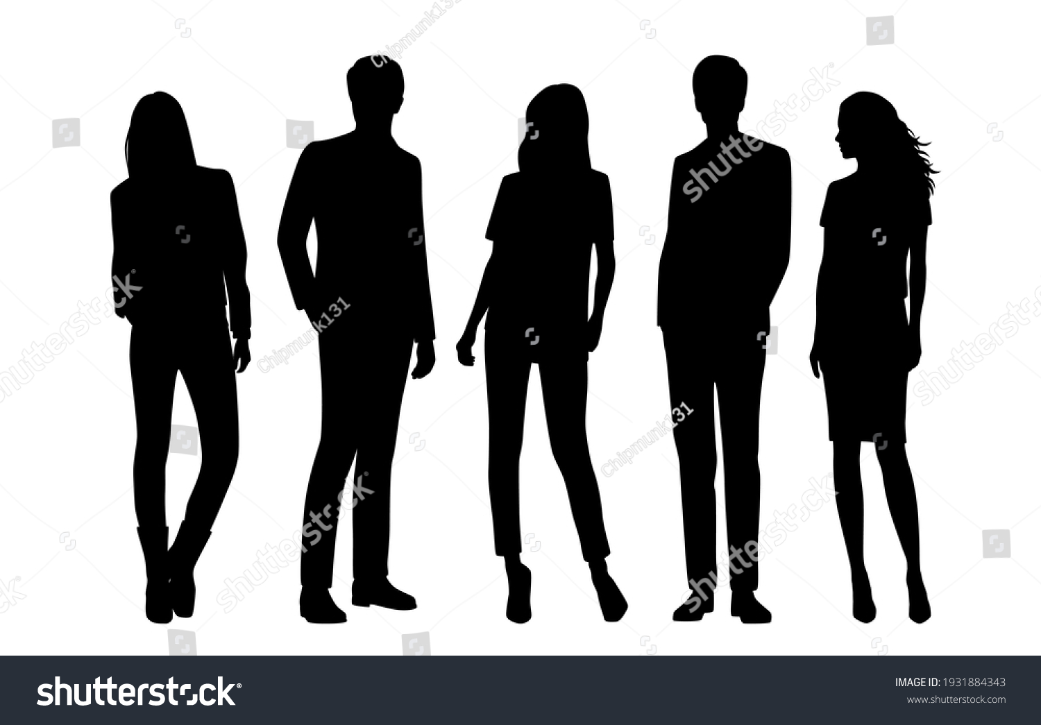 Vector silhouettes of  men and a women, a group of standing  business people, black  color isolated on white background #1931884343