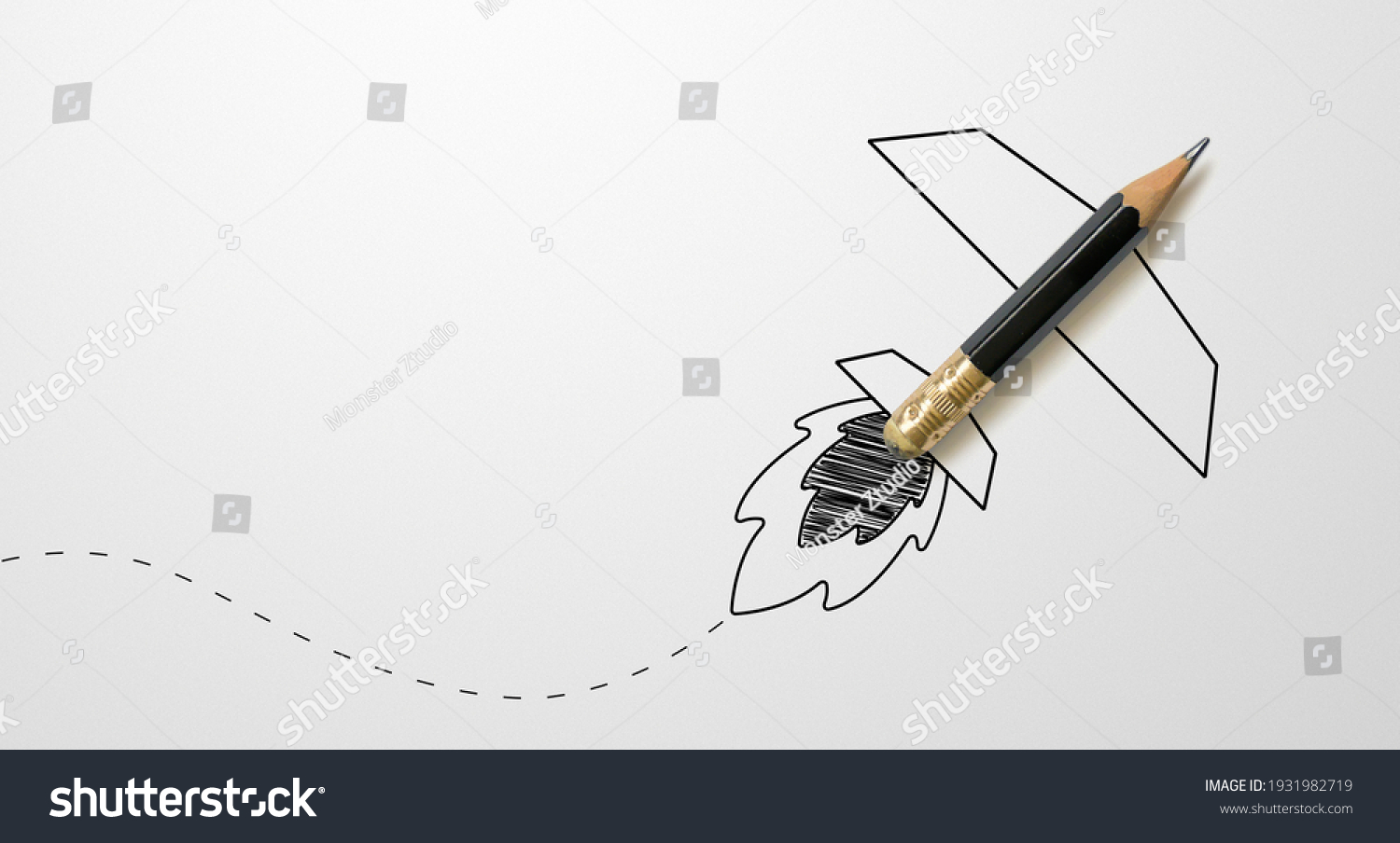 Black colour pencil with outline rocket on white paper background. Creativity inspiration ideas concept #1931982719