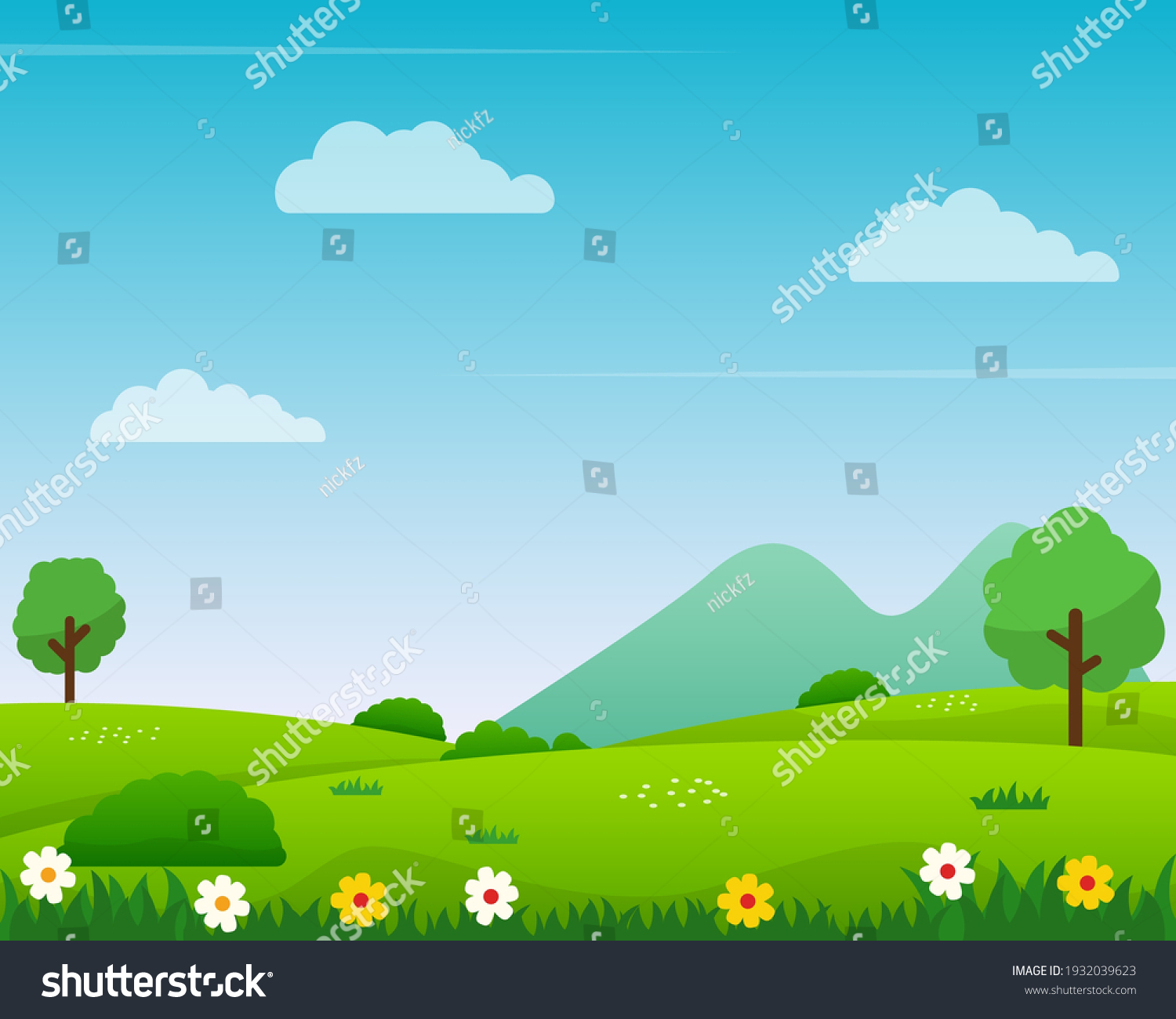 Nature landscape vector illustration with cartoon style. Beautiful spring landscape cartoon with green grass and blue sky #1932039623