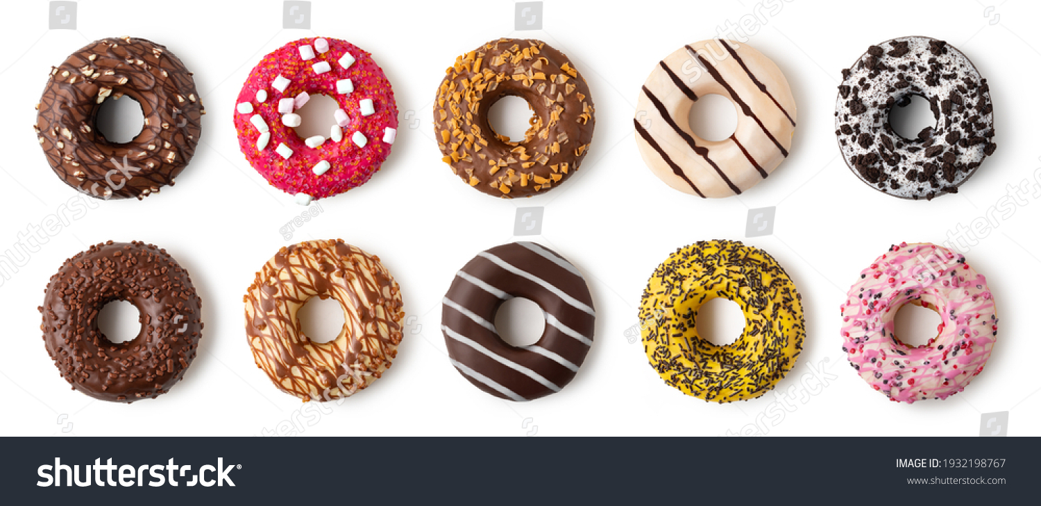 Donuts set with colorful sprinkles isolated on white background. Top view. #1932198767