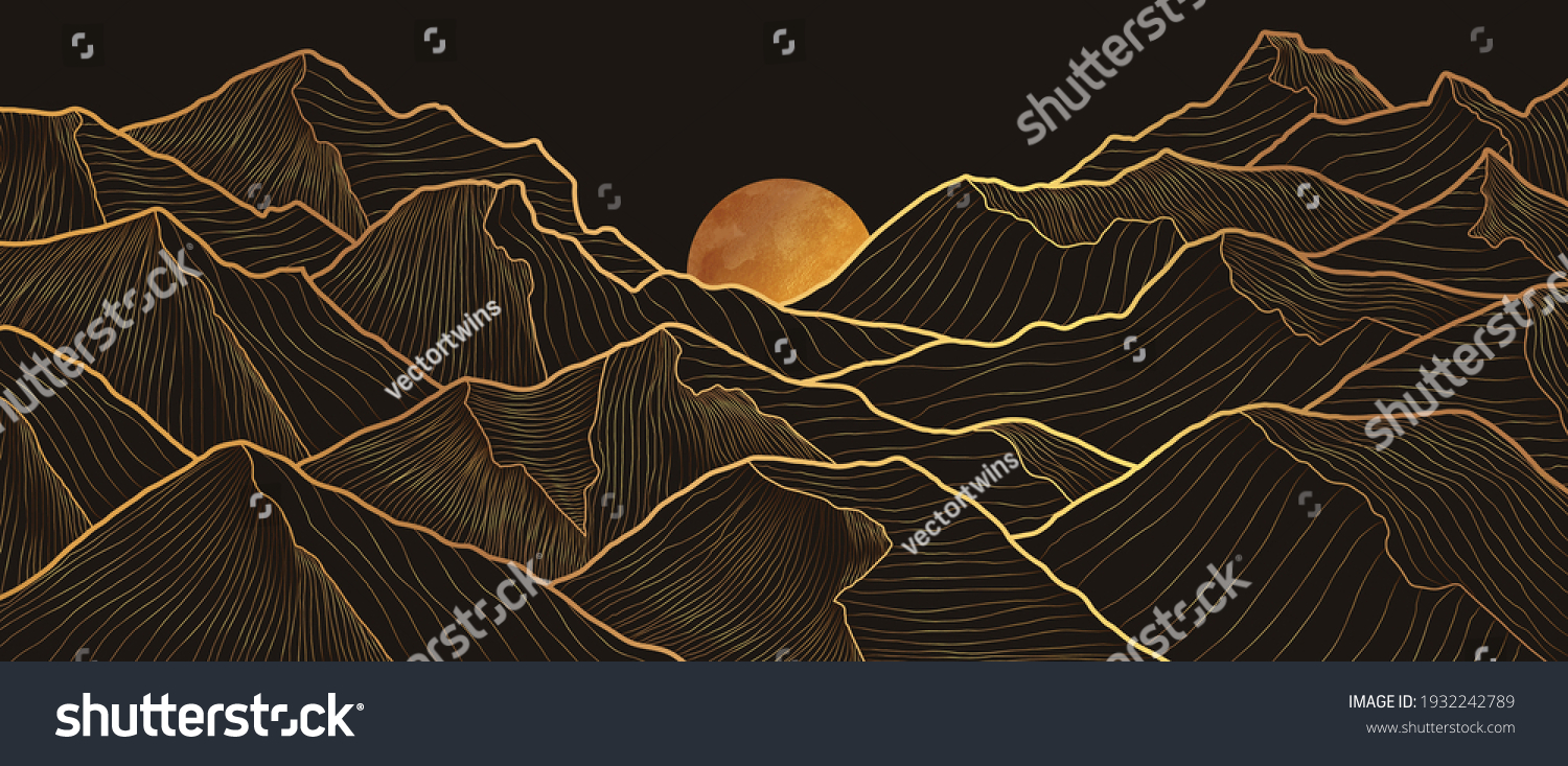 Mountain line art background, luxury gold wallpaper design for cover, invitation background, packaging design, wall art and print. Vector illustration. #1932242789