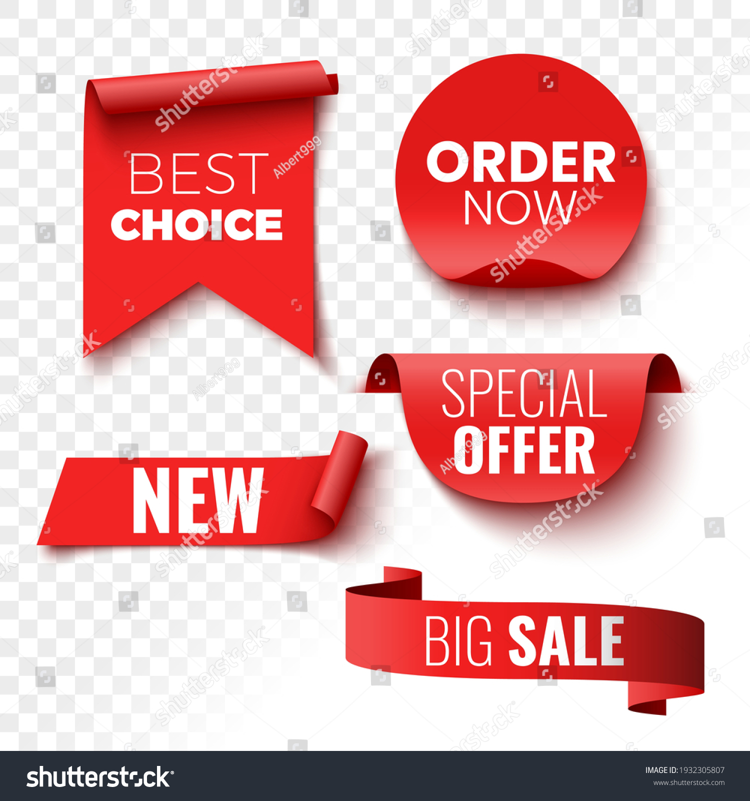 Best choice, order now, special offer, new and big sale banners. Red ribbons, tags and stickers. Vector illustration. #1932305807