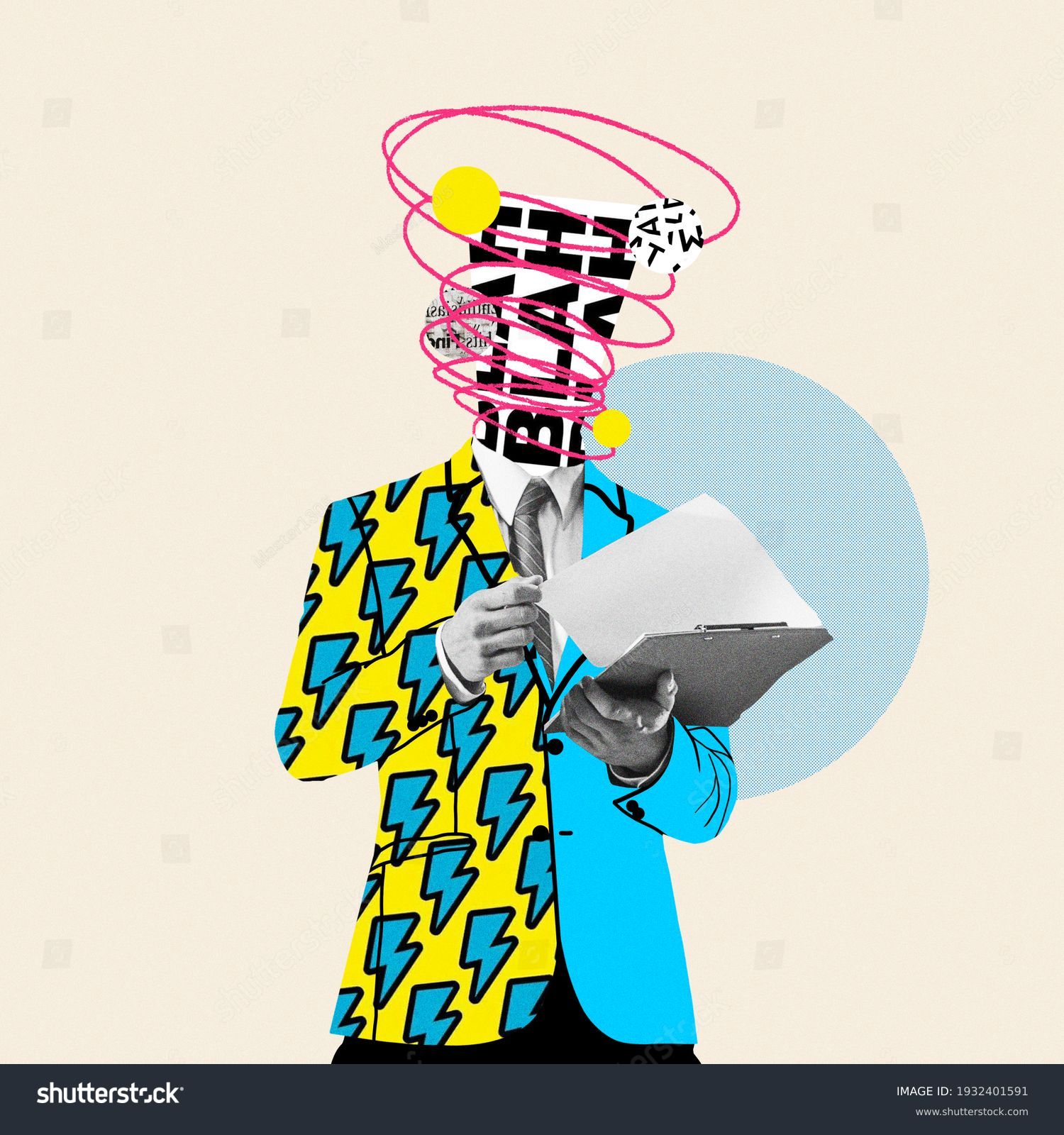 Unstoppable talks in head. Comics styled yellow suit. Modern design, contemporary art collage. Inspiration, idea concept, trendy urban magazine style. Negative space to insert your text or ad. #1932401591
