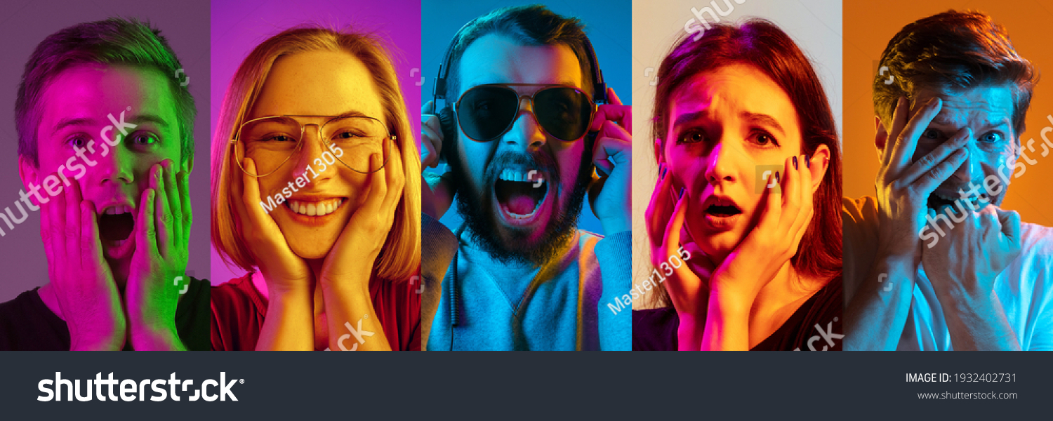 Collage of portraits of young emotional people on multicolored background in neon. Concept of human emotions, facial expression, sales. Laughting, smiling, scared, shocked. Flyer for ad, offer #1932402731