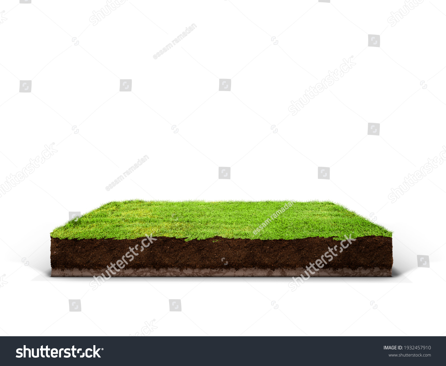 cubical cross section with underground earth soil and green grass on top, cutaway terrain surface with mud and field isolated #1932457910