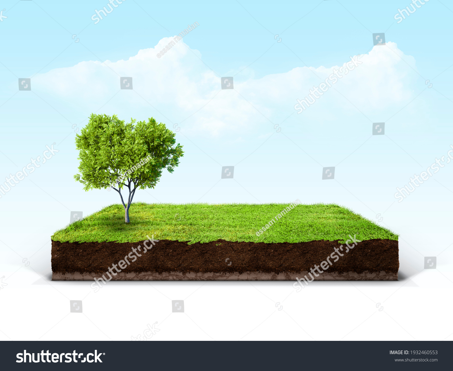 cubical cross section with underground earth soil and green grass on top, cutaway terrain surface with mud and field isolated #1932460553