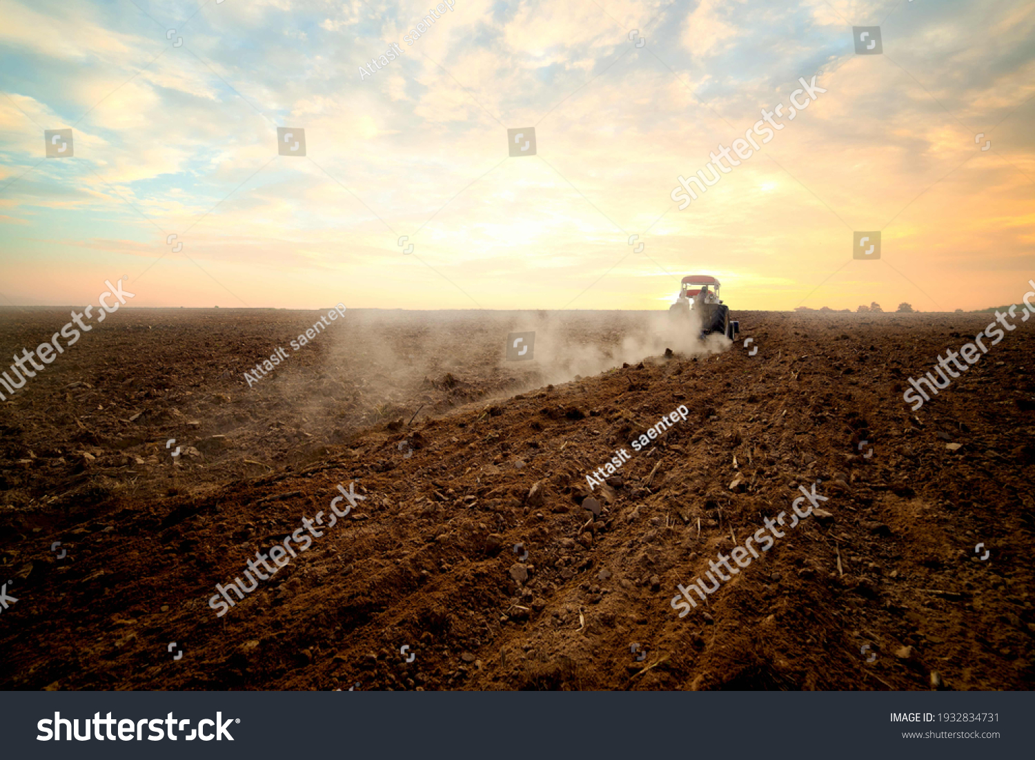 Agriculture use tractor plowing land field in the backround. Cultivated field. Agronomy, farming, husbandry .Tractor working on farm at sunset,modern agricultural transport,farmer working in the field #1932834731