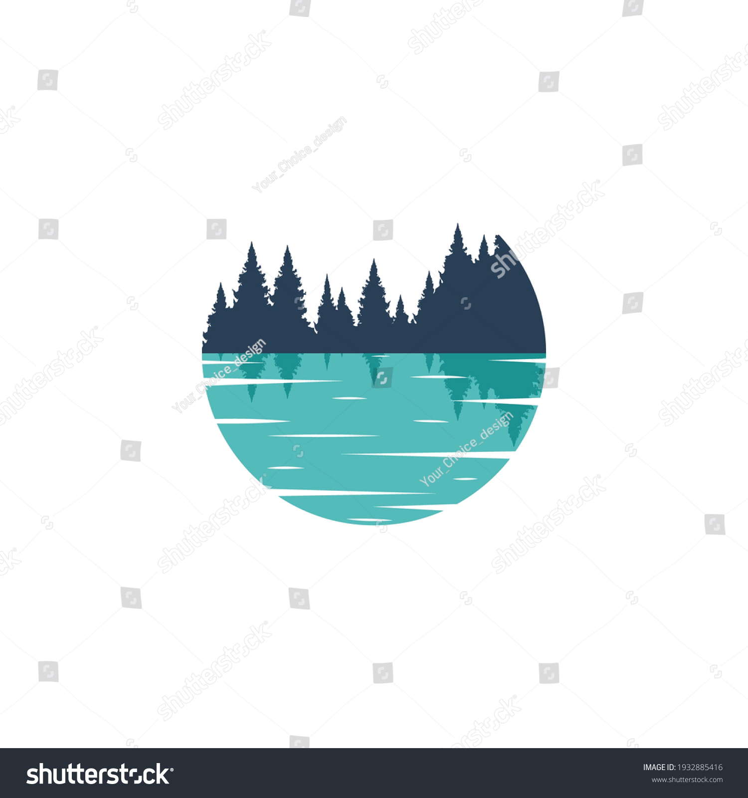 Vector circle Lake logo template. Illustration of a blue, azure lake with the silhouette of a forest. Reflection of the forest in the water. #1932885416