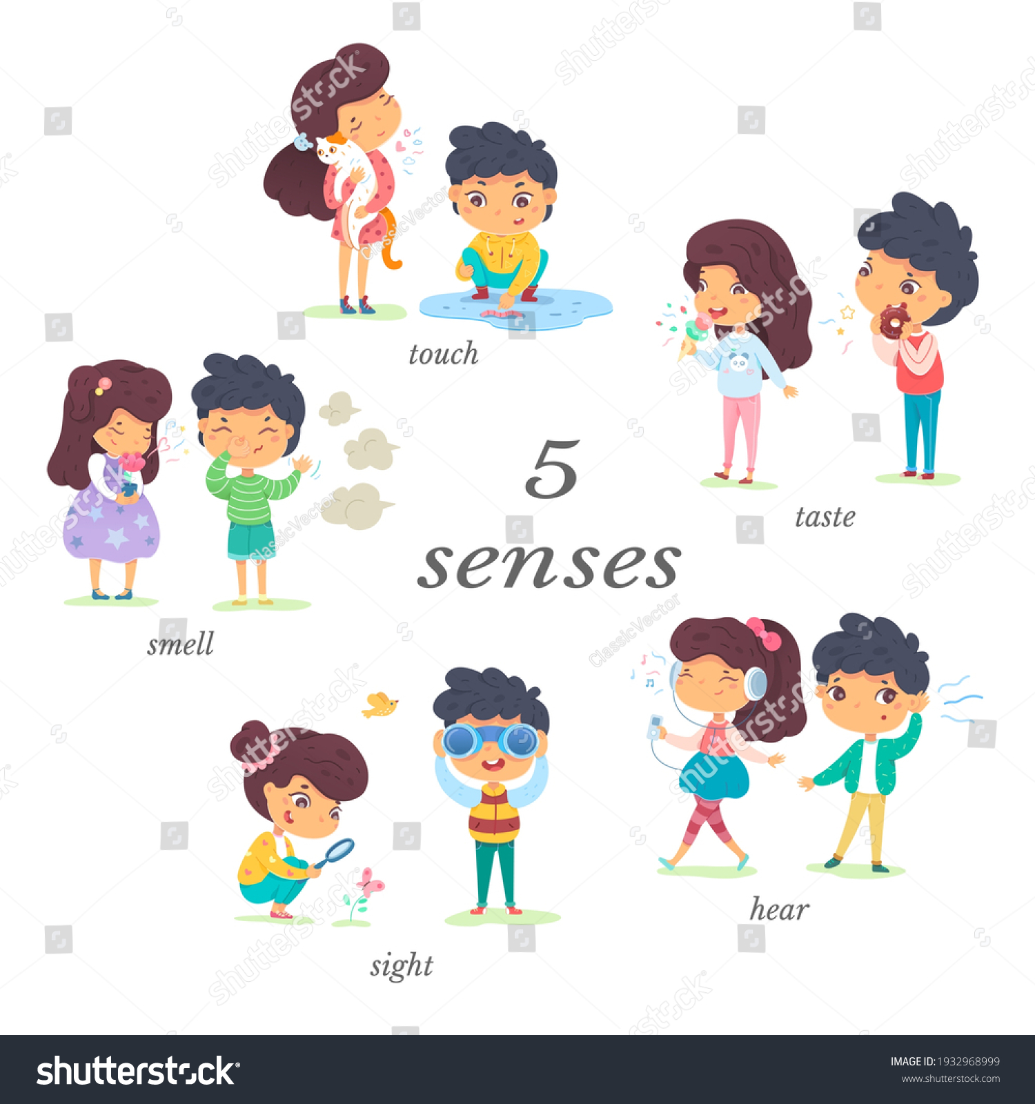 Boy and girl showing five senses set. Sense of sight, touch, hear, smell, taste vector illustration. Small happy children in nature and exploring wonders of spring. Joyful education at childhood. #1932968999
