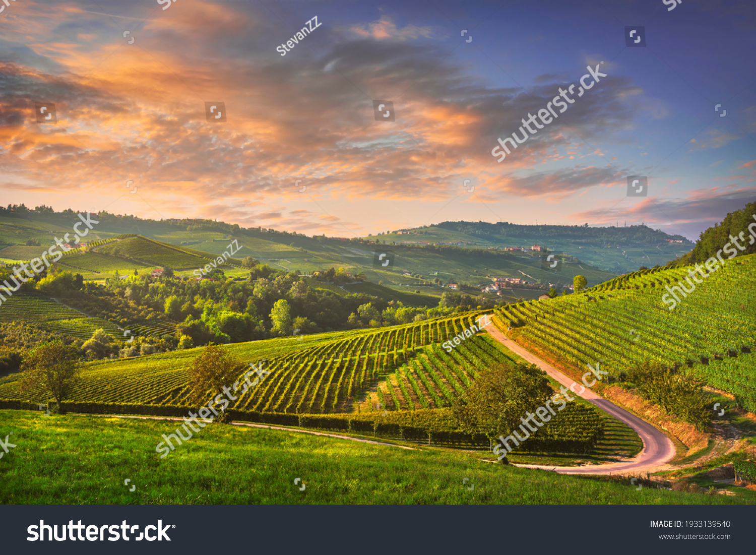Langhe vineyards sunset panorama, Barolo and La Morra, Unesco Site, Piedmont, Northern Italy Europe. #1933139540