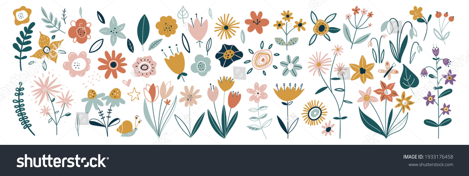 Flower collection with leaves, floral bouquets. Vector flowers. Spring art print with botanical elements. Happy Easter. Folk style. Posters for the spring holiday. icons isolated on white background. #1933176458