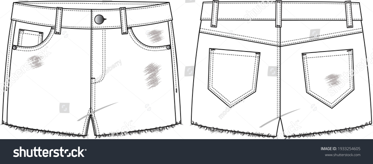 Denim Destroyed Shorts technical fashion illustration with micro length, raw edge, mid rise and 5 pockets. Flat bottom apparel template front, back, white and black colour style. Unisex CAD mockup. #1933254605