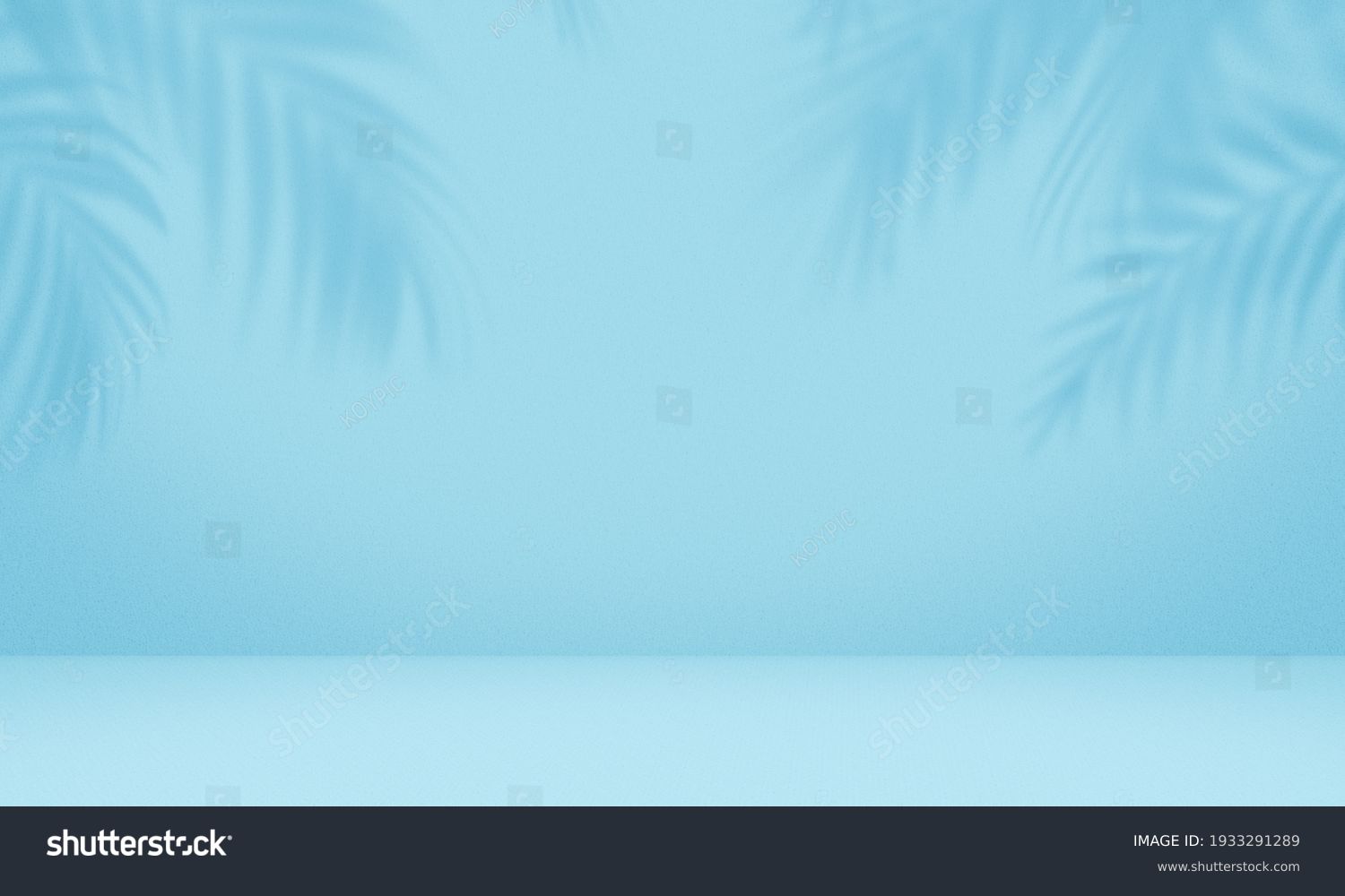 Empty palm shadow blue color texture pattern cement wall background. Used for presentation  business nature organic cosmetic products for sale shop online. Summer tropical beach with minimal concept #1933291289