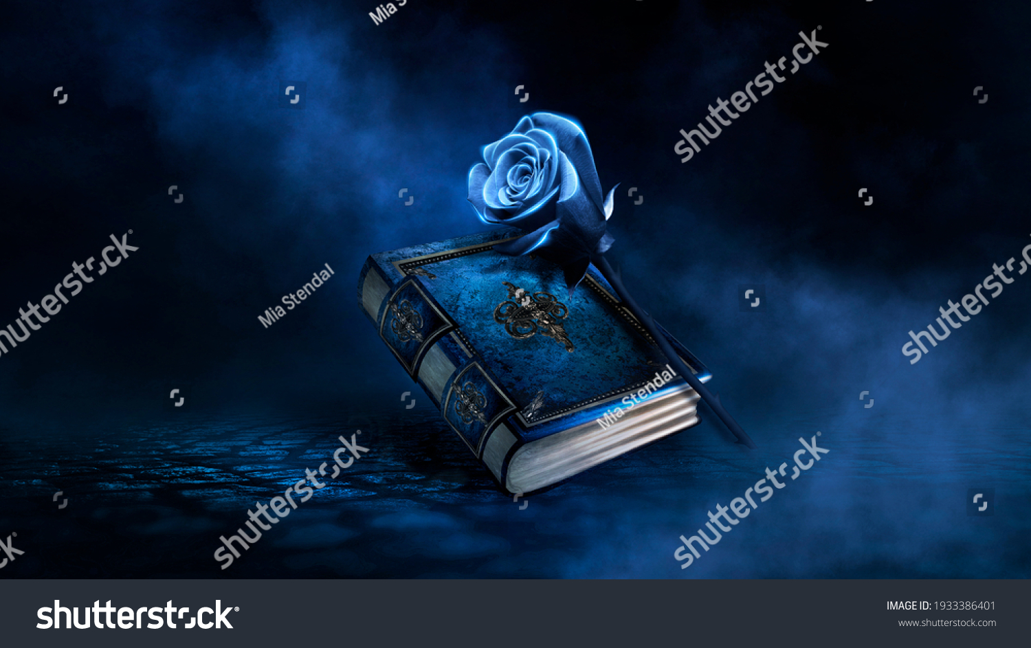 Fantasy magic dark background with a magic rose, flower, old book, old iron mirror. Smoke, smog, night view of a dark street. Reflection of blue neon light. Magic, fortune telling. #1933386401