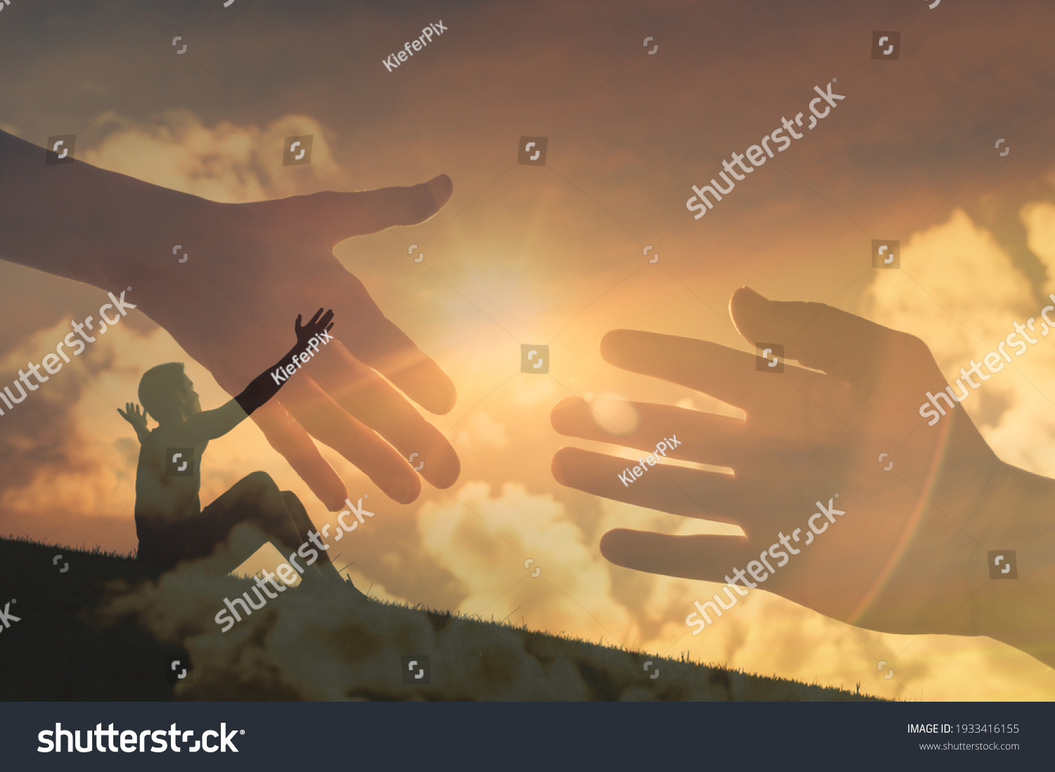 Young man with arms up to the sky asking for help. Helping hand, and salvation concept.  #1933416155