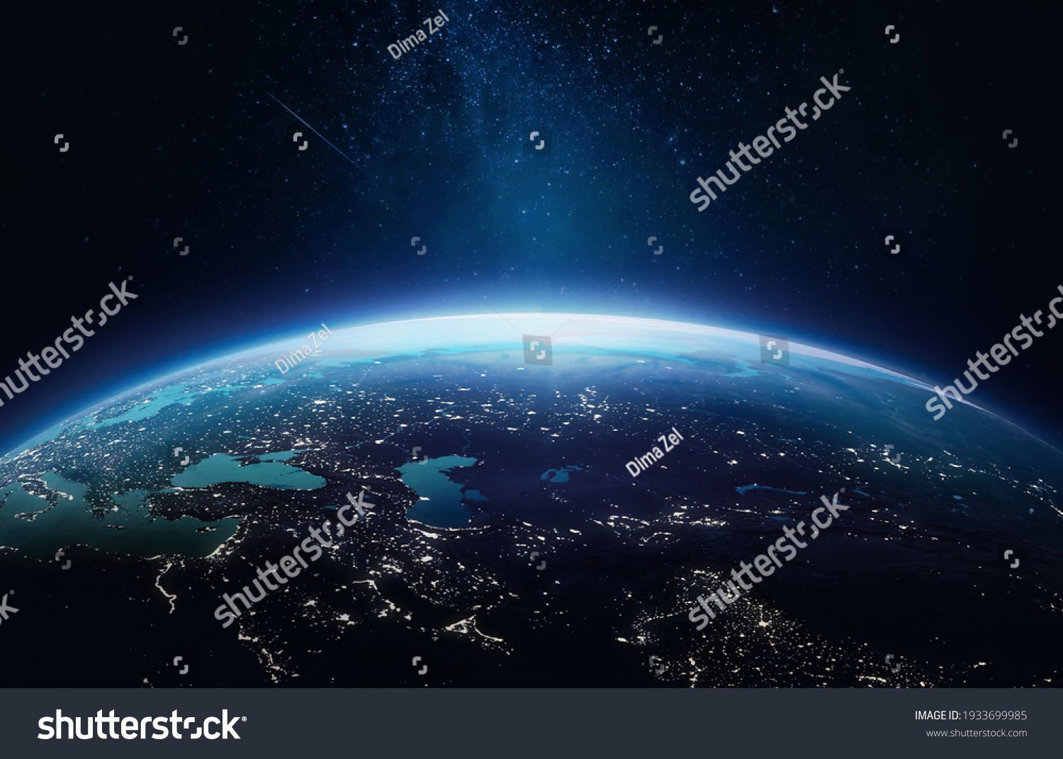 Surface of Earth planet in deep space. Outer dark space wallpaper. Night on planet with cities lights. View from orbit. Elements of this image furnished by NASA #1933699985