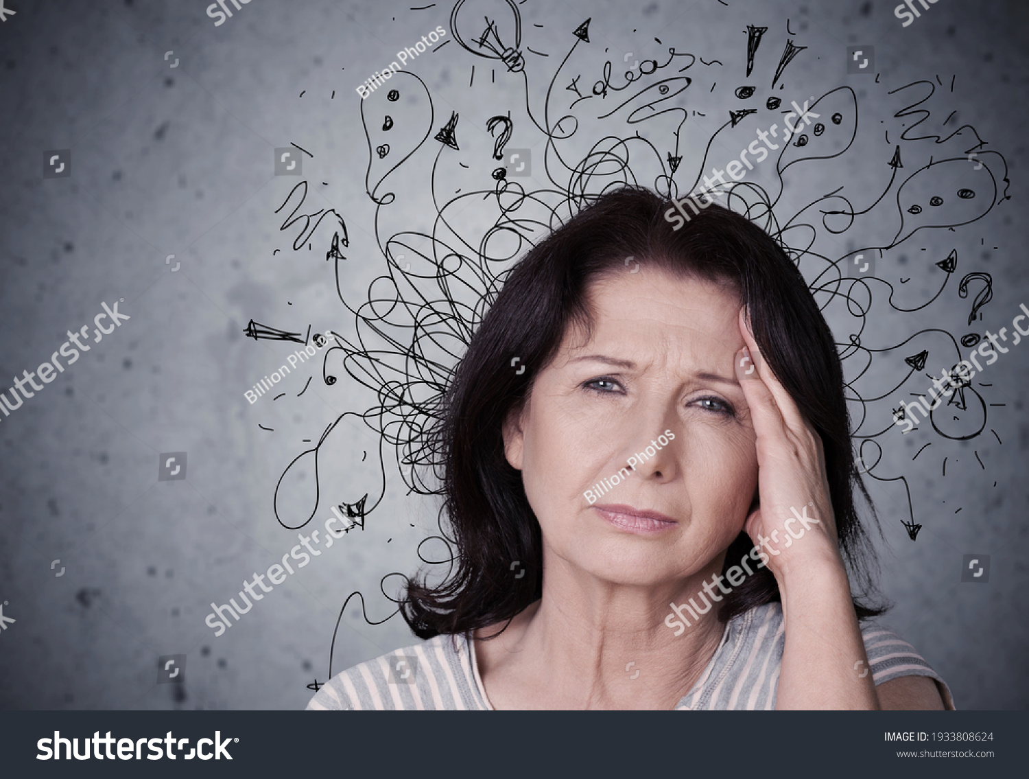 Young woman with worried stressed face expression with illustration #1933808624