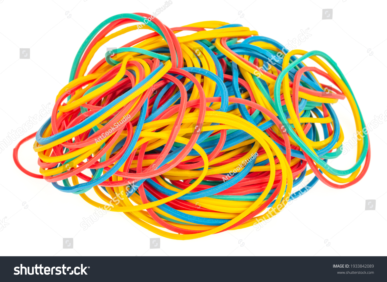Many colourful multi coloured elastic rubber bands on white background. Studio Photo #1933842089