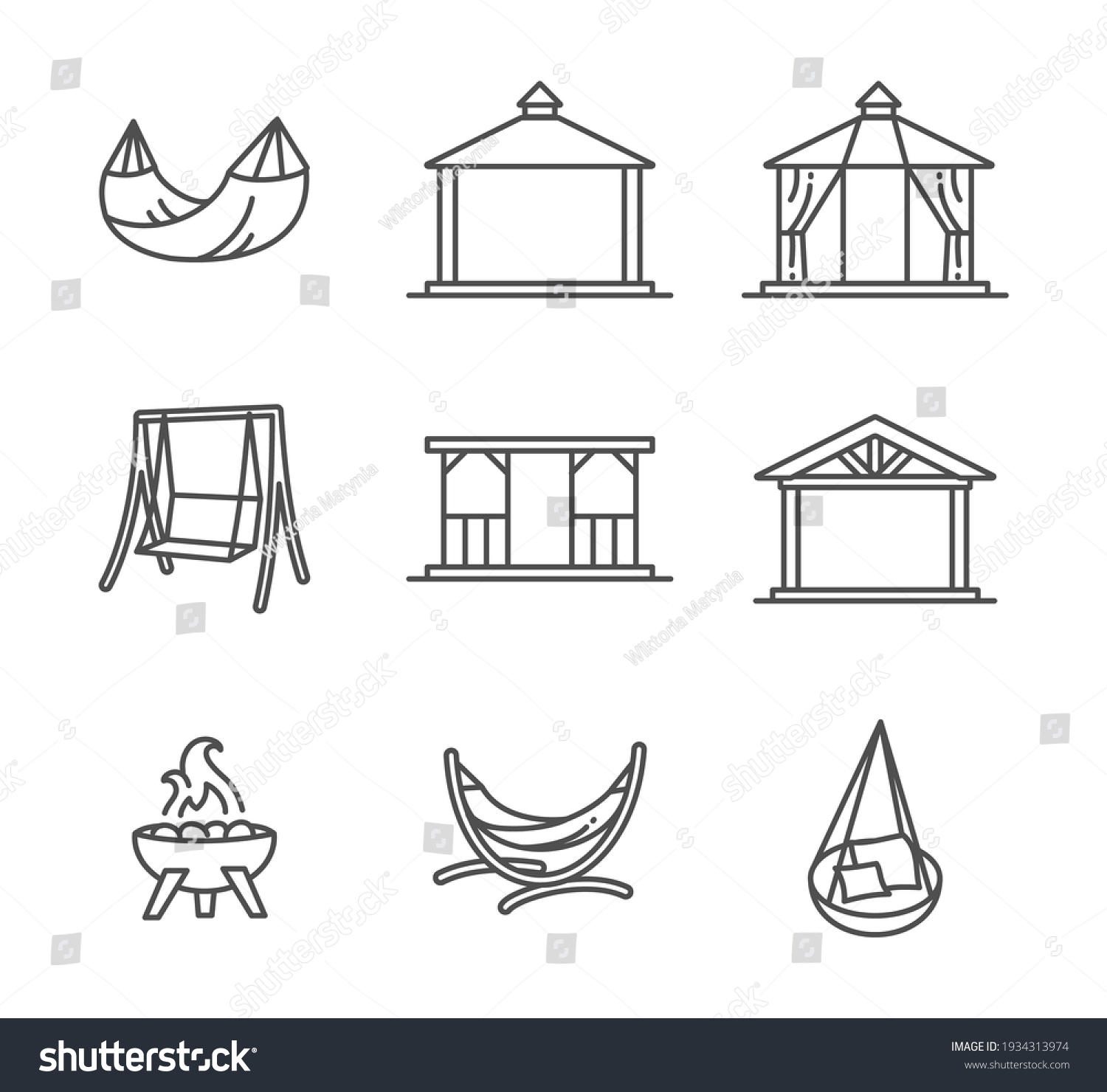 Garden structures, buildings and furniture thin line style icon set vector #1934313974