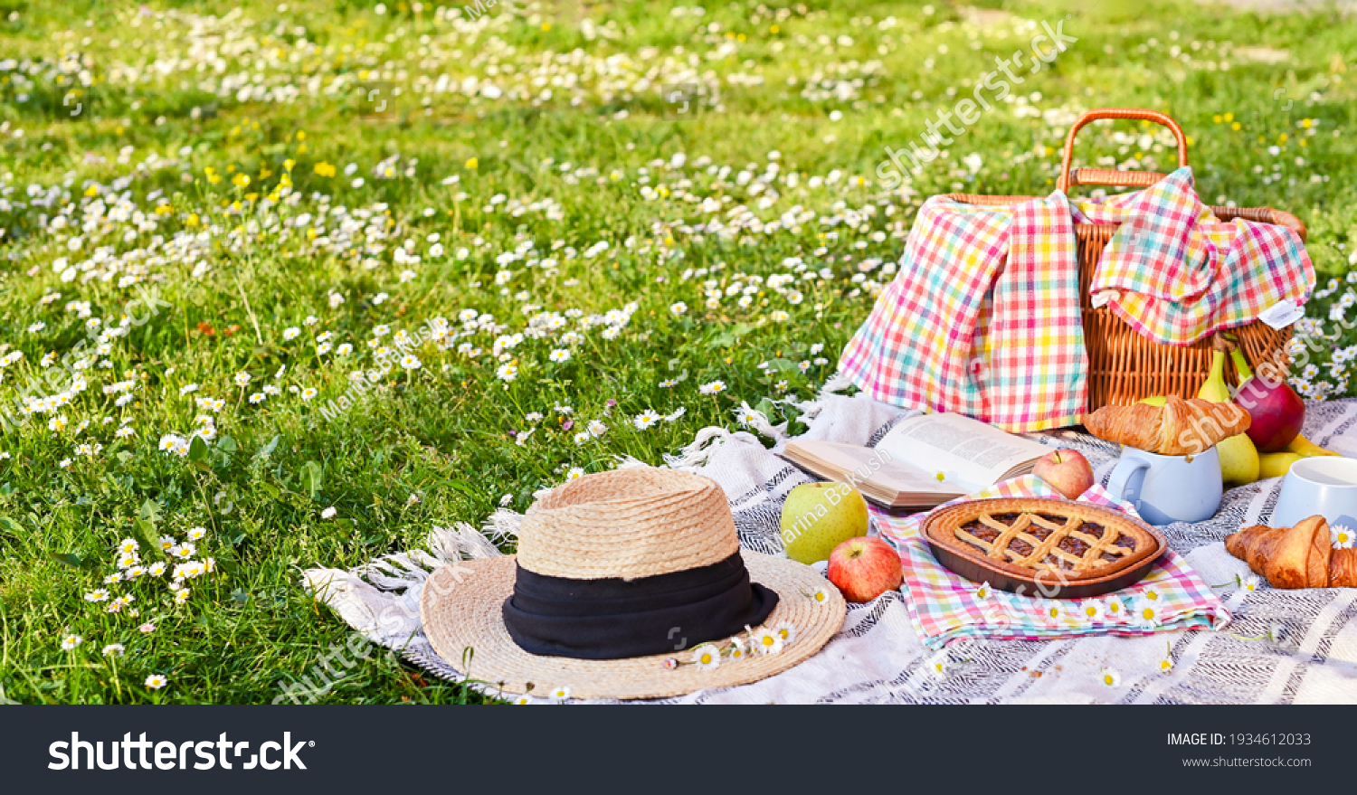 Picnic basket on the green grass in the park. Delicious food for lunch outdoors. Sweet pastries, drinks and fruits. Nice day in summer. High quality photo. Copy space #1934612033