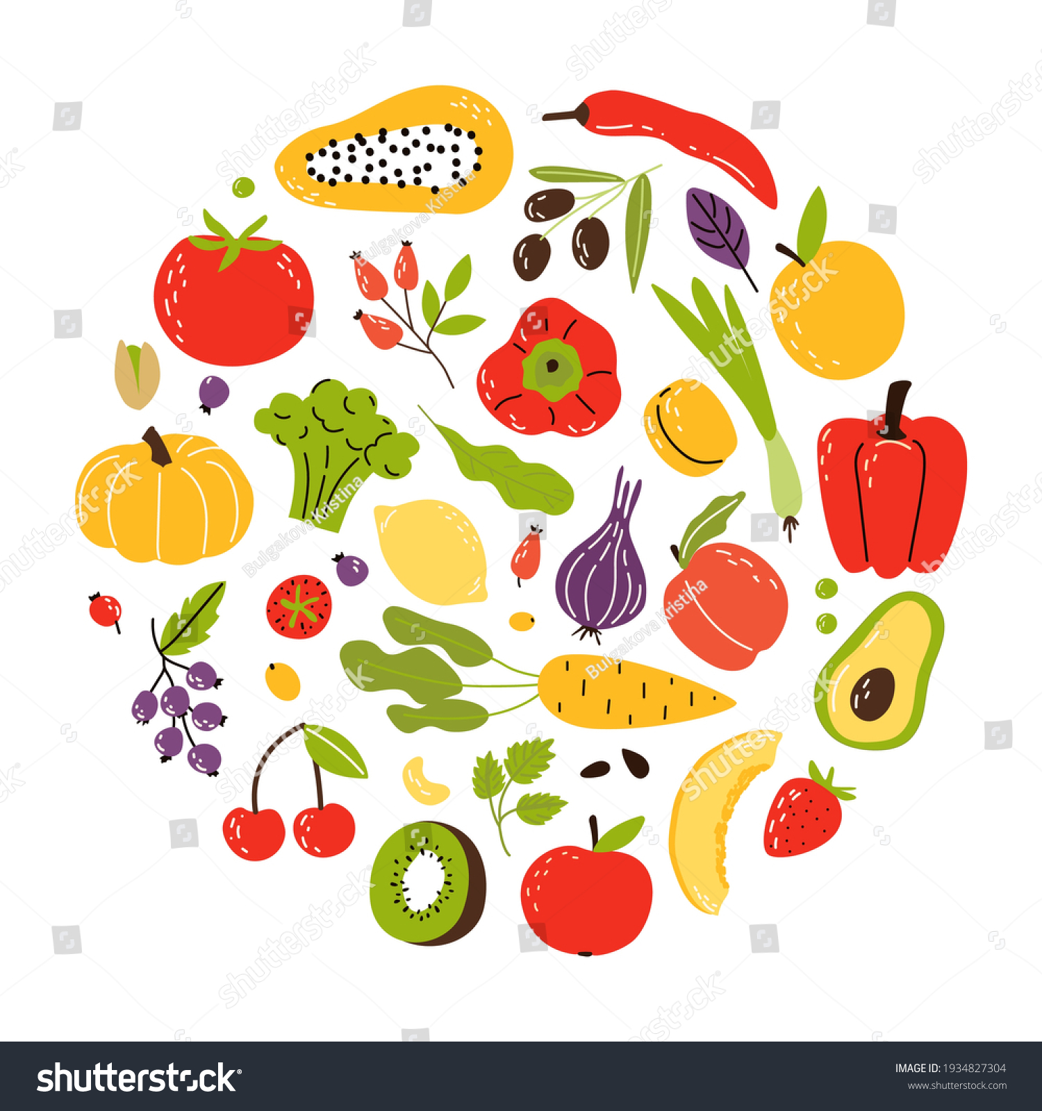 A set of products in a circle, healthy food. Fruits, vegetables and nuts. Cartoon flat vector illustration isolated on white background. #1934827304