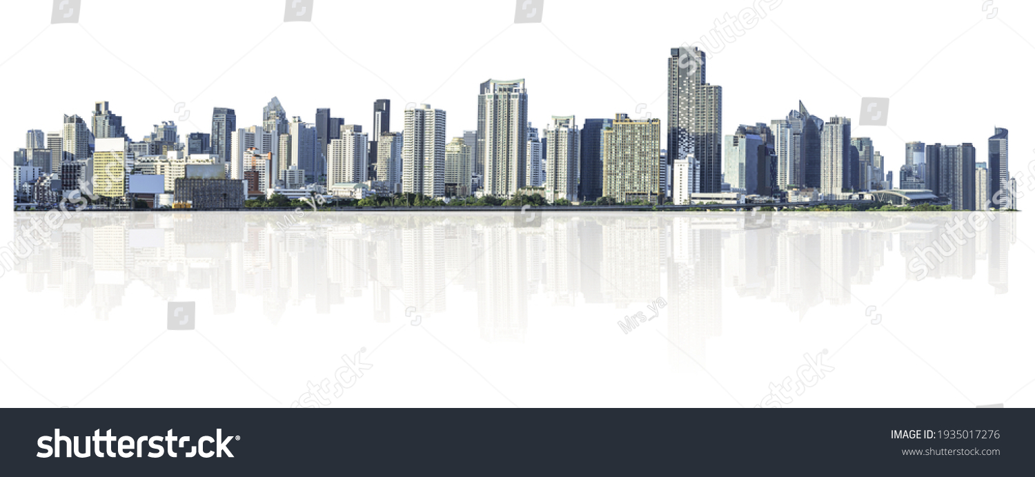 many buildings in downtown, panorama view of many images merged together and isolated on white background ,very high resolution  #1935017276