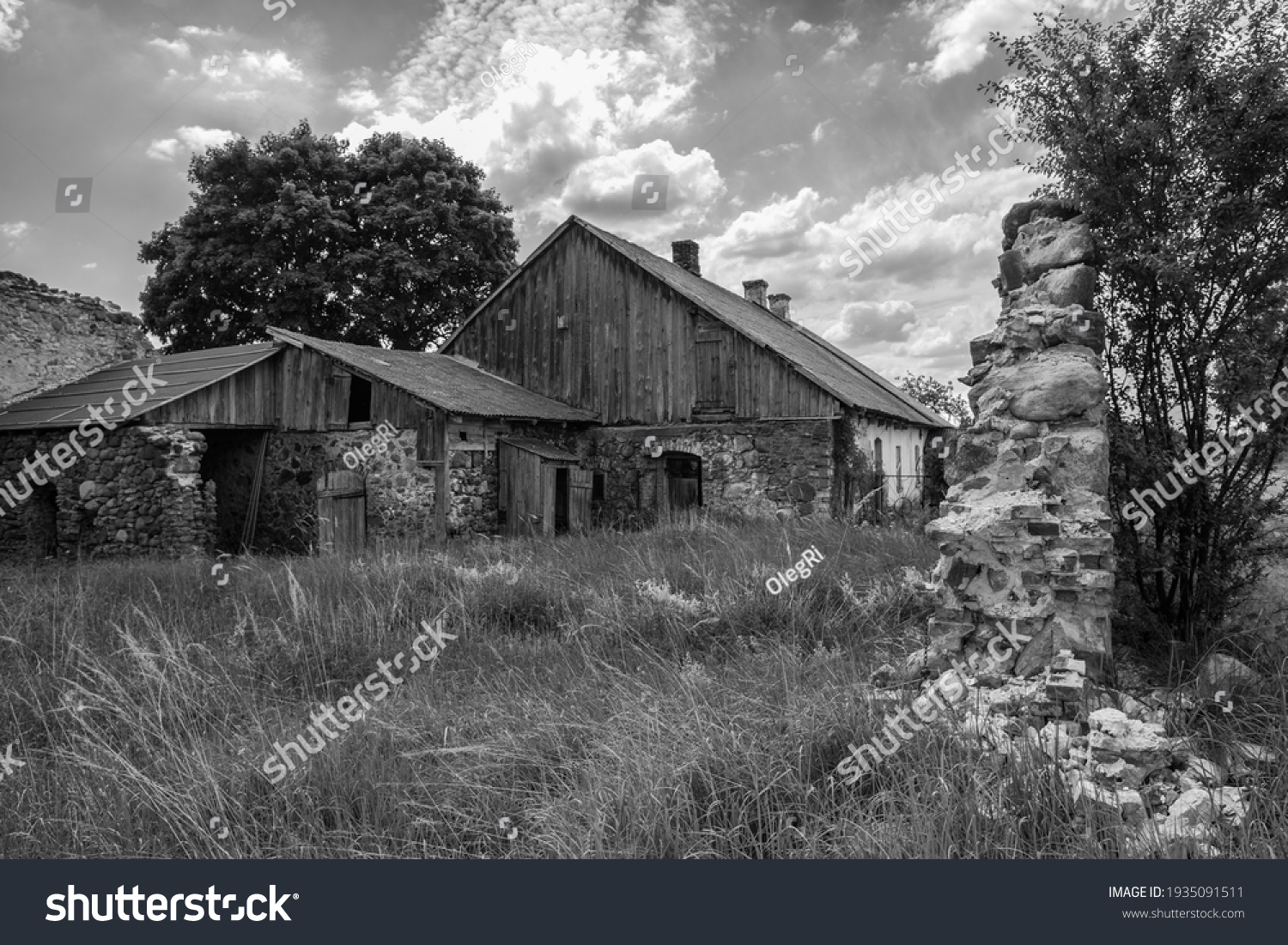 Old destroyed wooden house. Black and white photo #1935091511