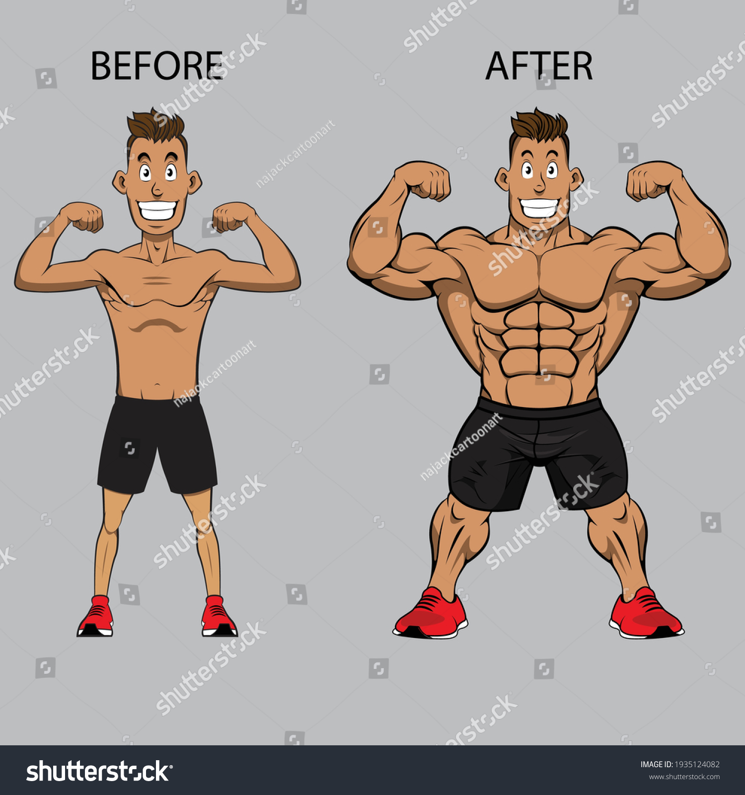 Weight gain. Man before and after exercise vector illustration. Man weight gain, muscular guy, skinny guy #1935124082