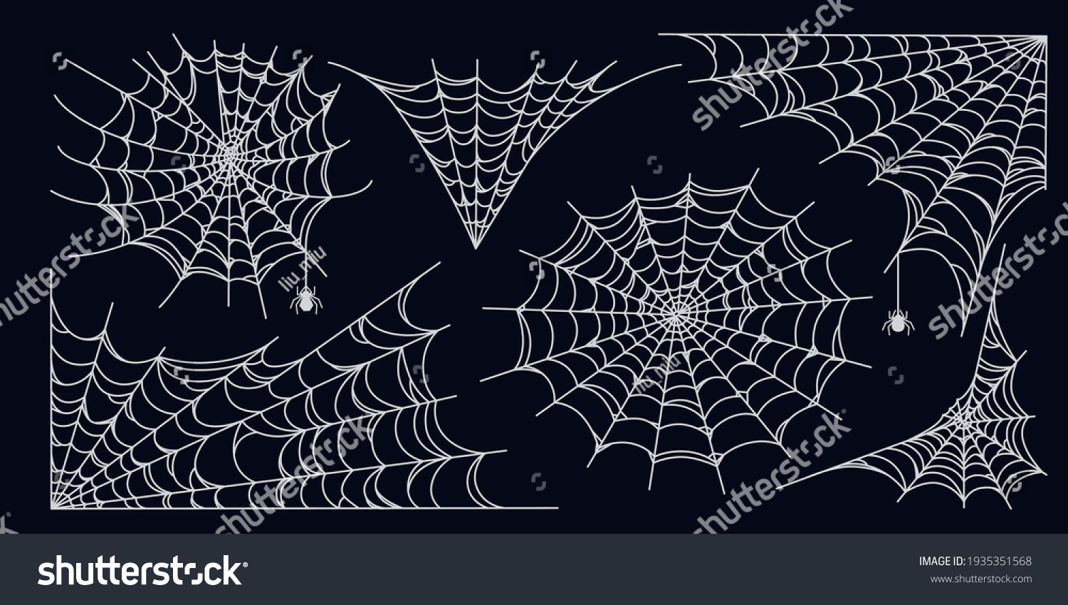 Spider web set isolated on dark background. Spooky Halloween cobwebs with spiders. Outline vector illustration #1935351568
