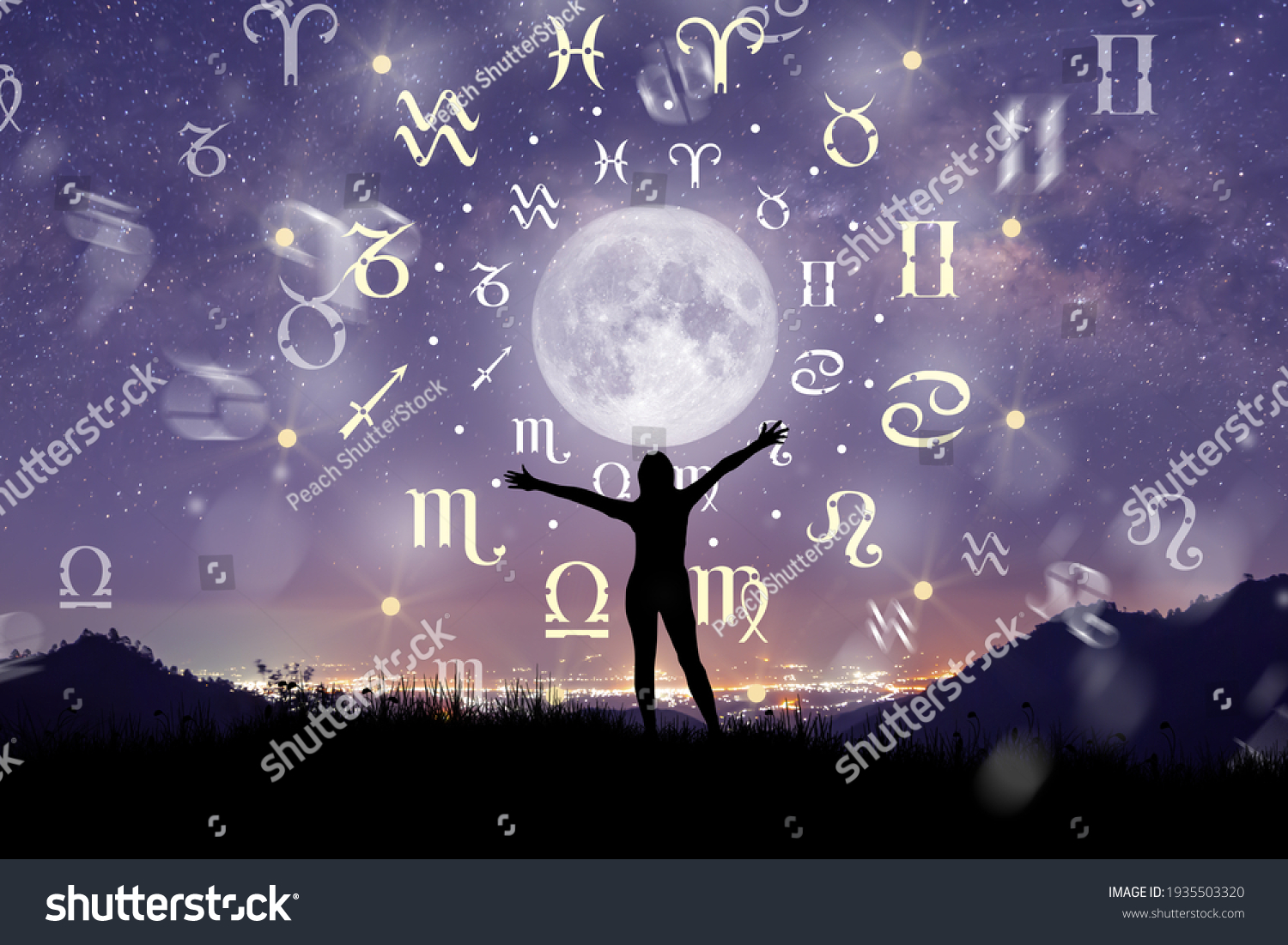 Astrological zodiac signs inside of horoscope circle. Illustration of Woman silhouette consulting the stars and moon over the zodiac wheel and milky way background. The power of the universe concept. #1935503320