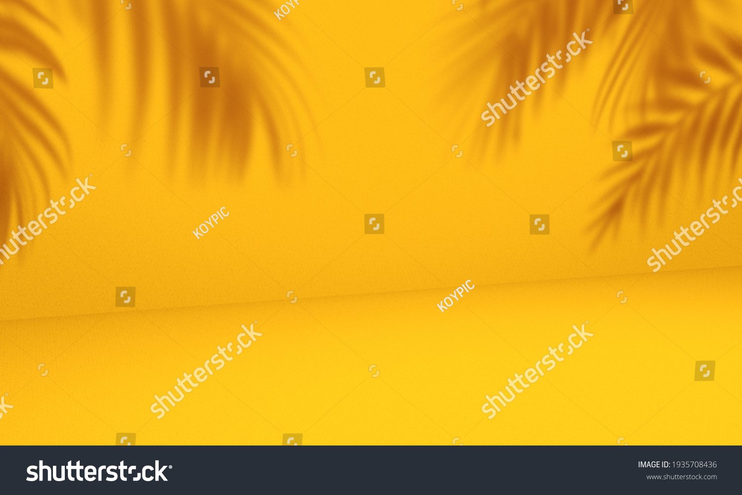 Empty palm shadow yellow color texture pattern cement wall background. Used for presentation  business nature organic cosmetic products for sale shop online. Summer tropical beach with minimal concept #1935708436