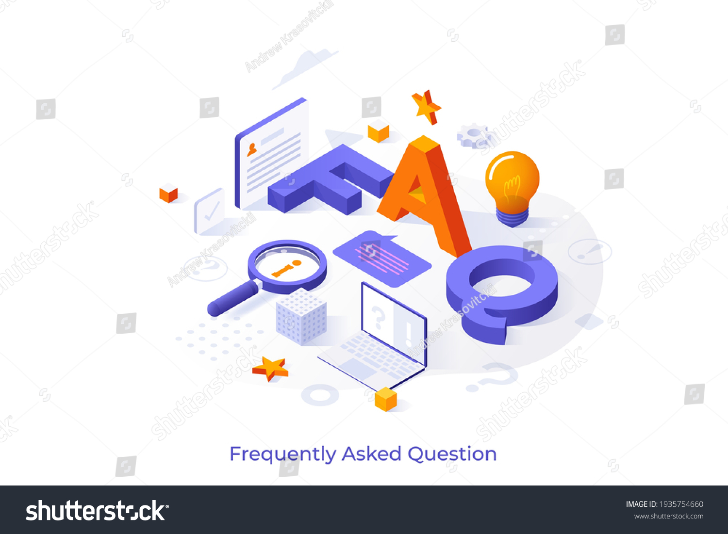 Conceptual template with letters FAQ, laptop computer, magnifying glass, lightbulb. Scene for frequently asked questions, search for answers. Modern isometric vector illustration for webpage. #1935754660