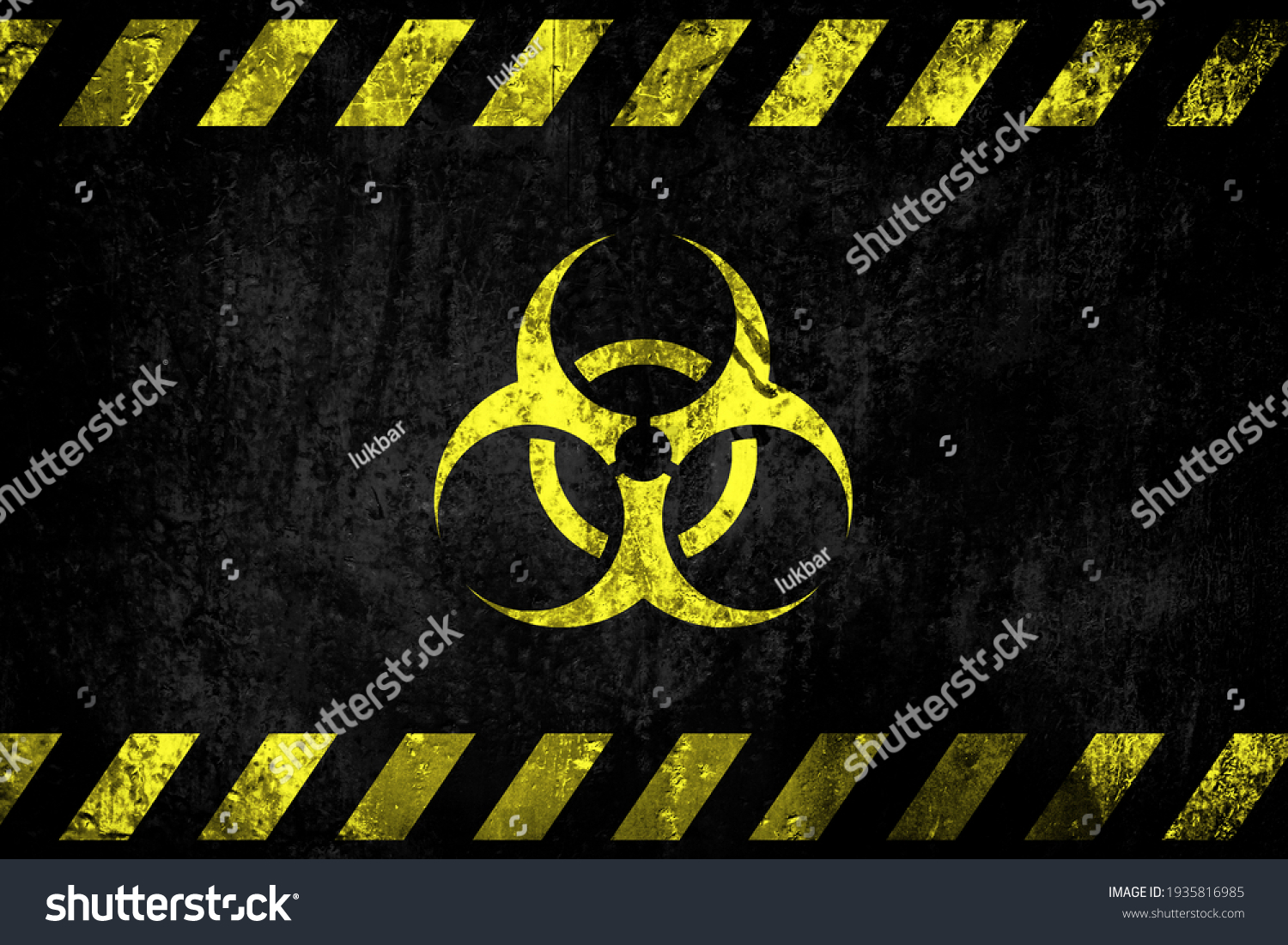 Biohazard contamination symbol, grunge background. Biologic hazard, pathogen, infectious, contamination, pandemic, health risk concept background. #1935816985