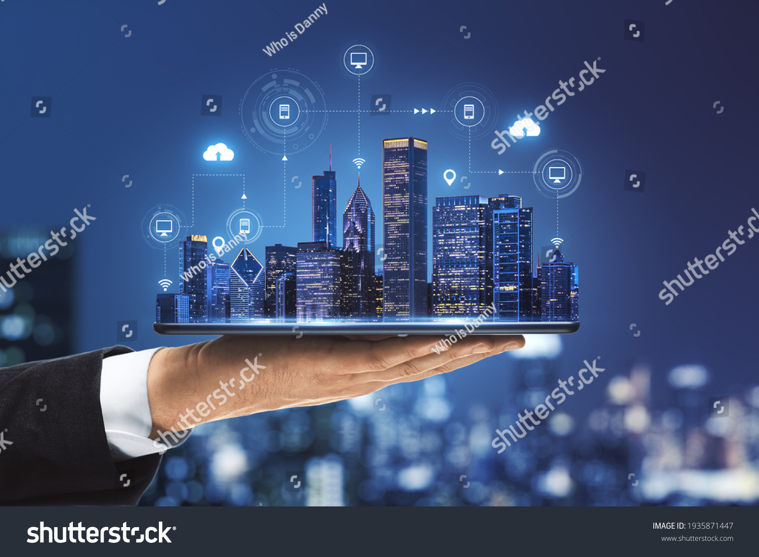 Smart city concept with real skyscrapers layout with glowing digital cloud technology icons on digital tablet screen that carrying businessman hand on blurry megapolis city background #1935871447
