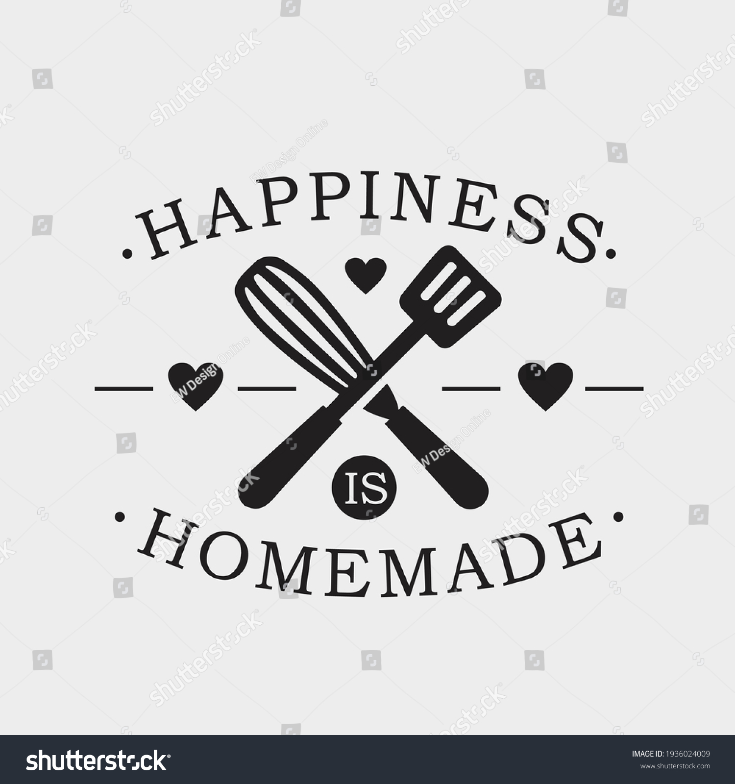 Happiness Is Homemade phrase  calligraphic sign with kitchen utensils. Elegant lettering and tool for food preparation, cooking. Typography vector illustration. #1936024009