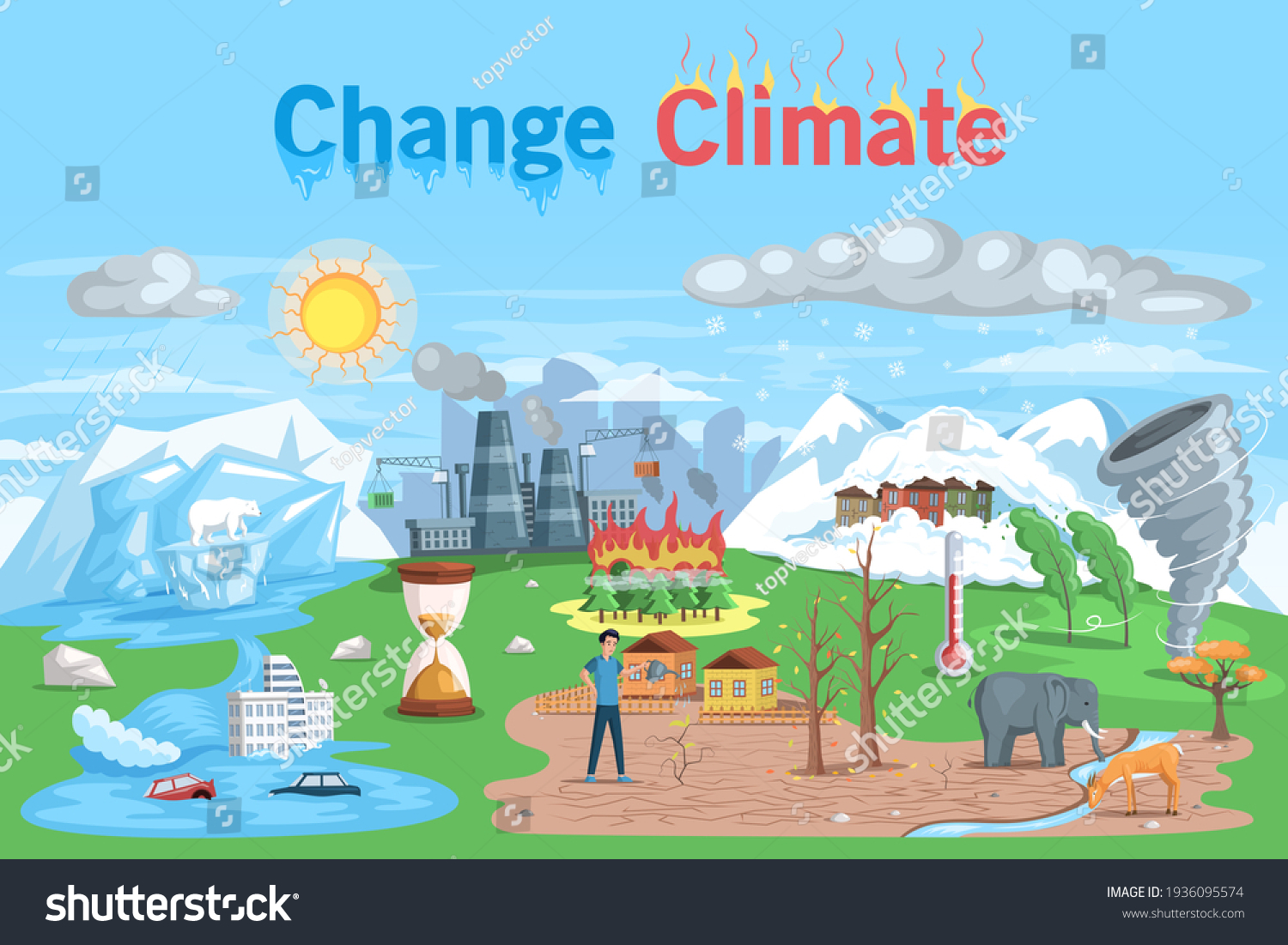 Climate change. Flat global warming tiny persons concept. Nature environment danger. Temperature rising and animal extinction, climate change and danger for ecology. Natural disasters cataclysms #1936095574