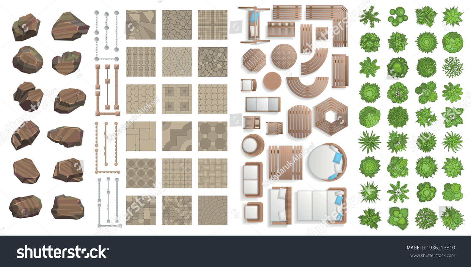 Vector set for landscape design. Outdoor furniture, architectural elements, trees. (top view) Fences, paths, tile, benches, tables, chairs, sun loungers. (view from above) #1936213810