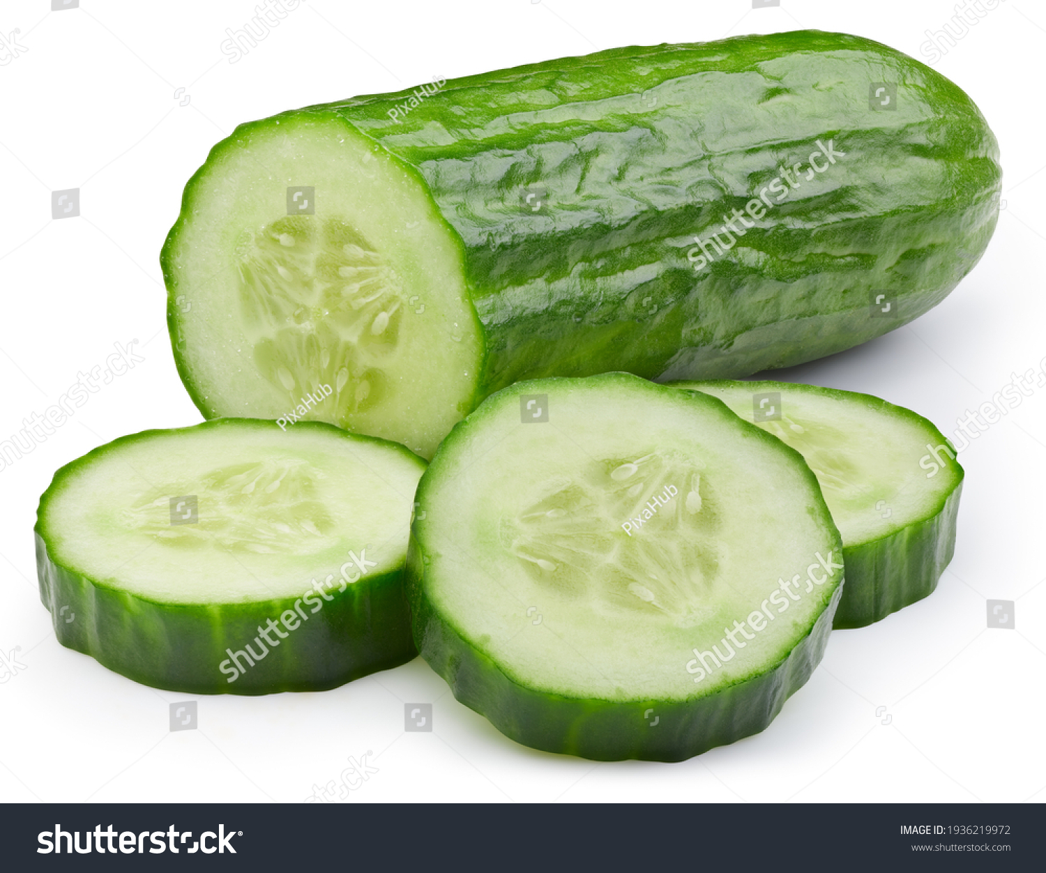 Cucumber slice isolated. Cucumber on white. Full depth of field. With clipping path #1936219972