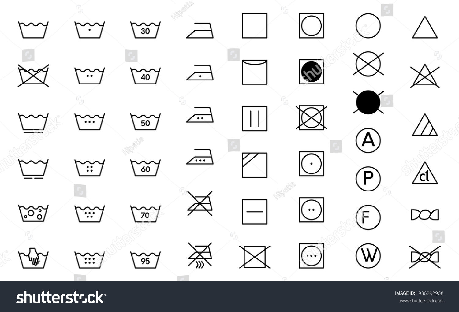 Clothes care icon set. Laundry symbols, black monochrome vector illustration isolated on white. #1936292968