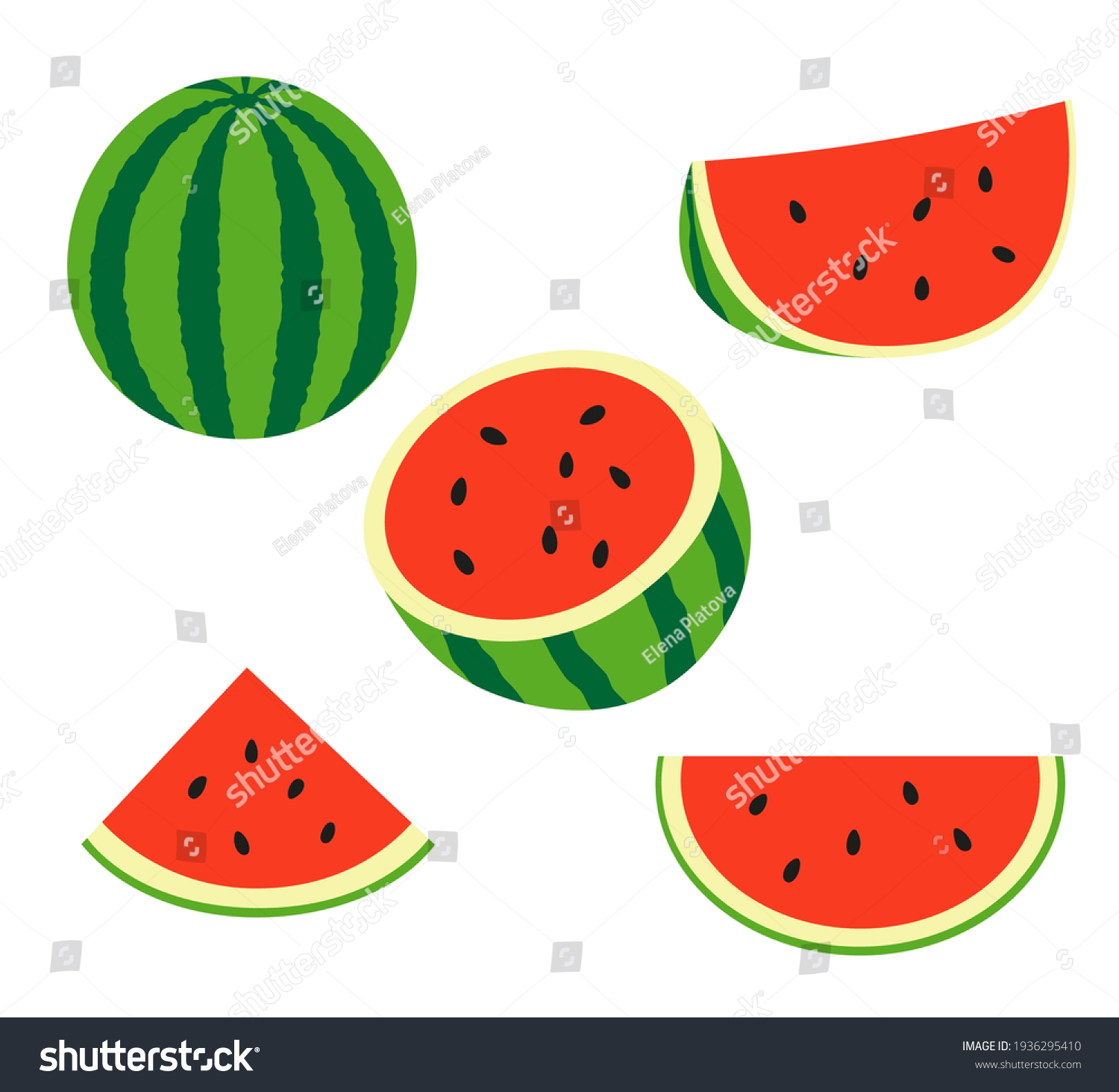 Fresh and juicy whole watermelons and slices. Set illustrations isolated on a white background. #1936295410