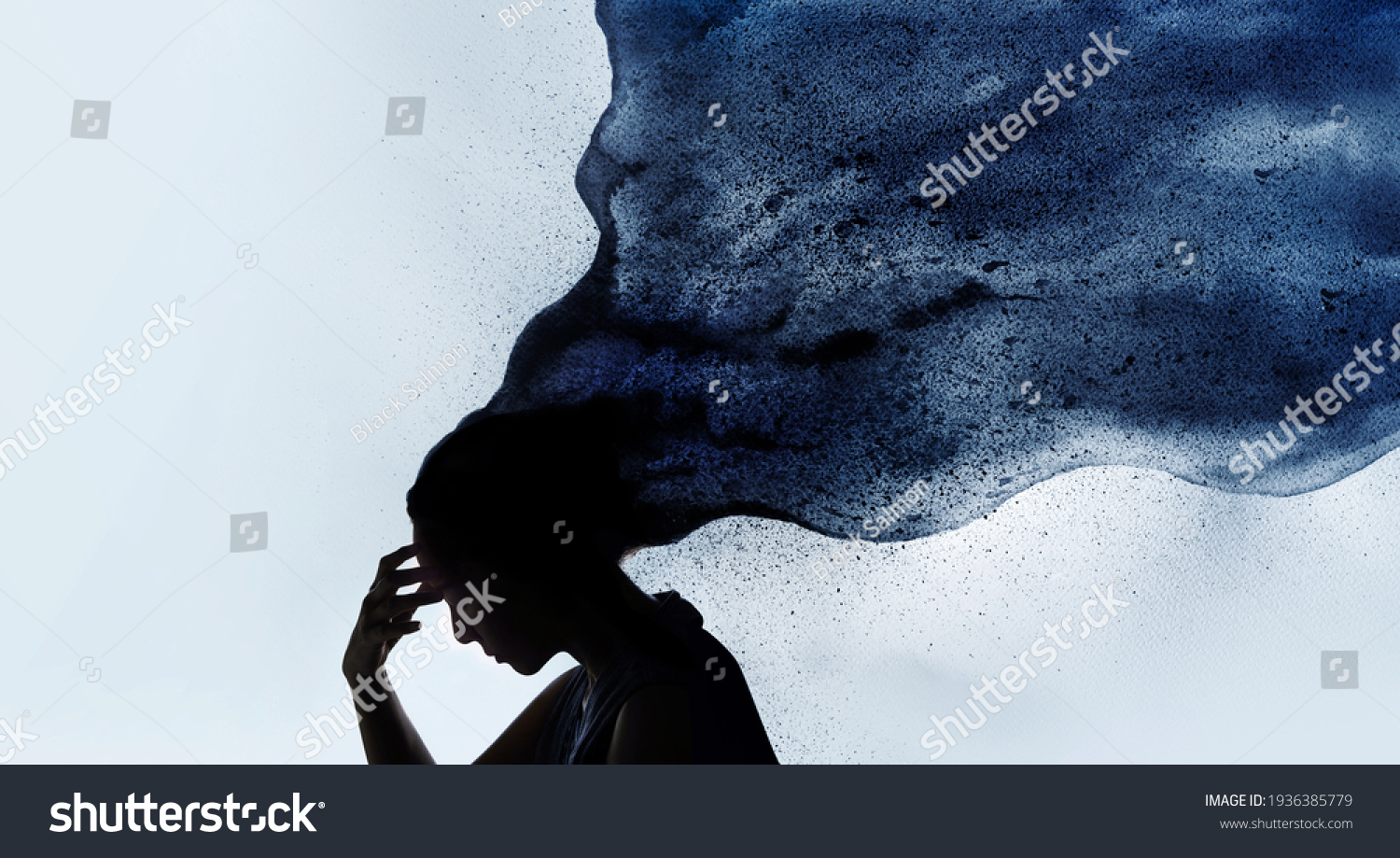 Mental Health Disorder Concept. Exhausted Depressed Female touching Forehead. Stressed Woman Silhouette photo combined with Watercolor. Depression Psychology inside her Head #1936385779