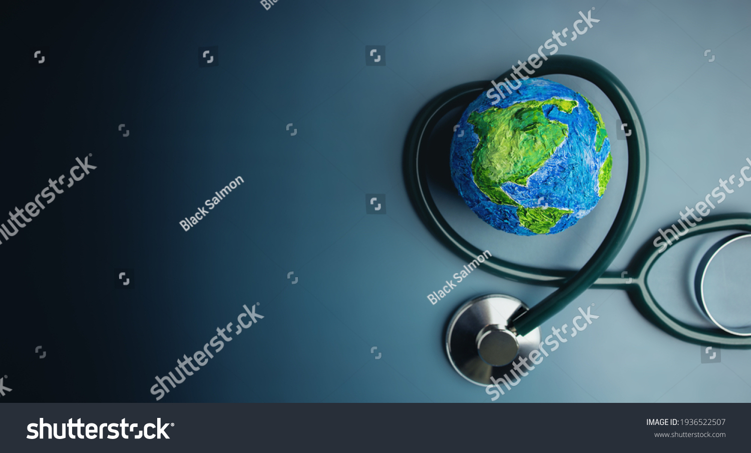 World Health Day. Global Health Awareness Concept. Handmade Globe inside Stethoscope as Heart Shape. Green Environment to Love and Care #1936522507