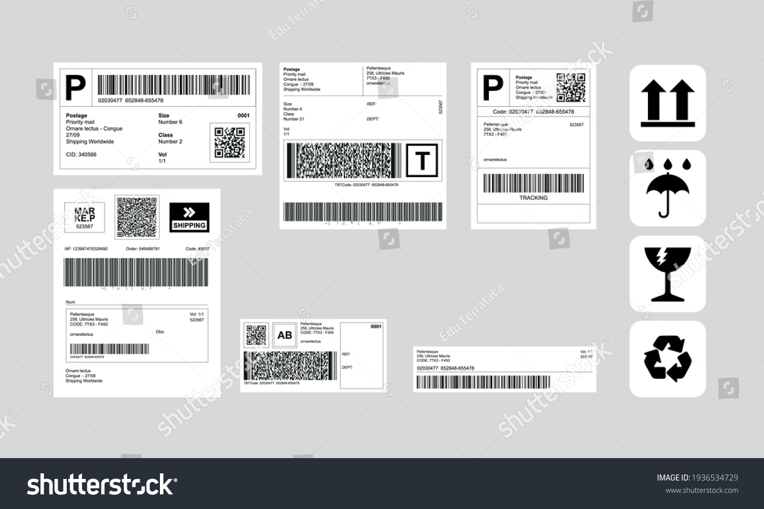 Barcode Label Delivery Template + Set of Cargo Icons, Fragile, Recycle, Stickers #1936534729